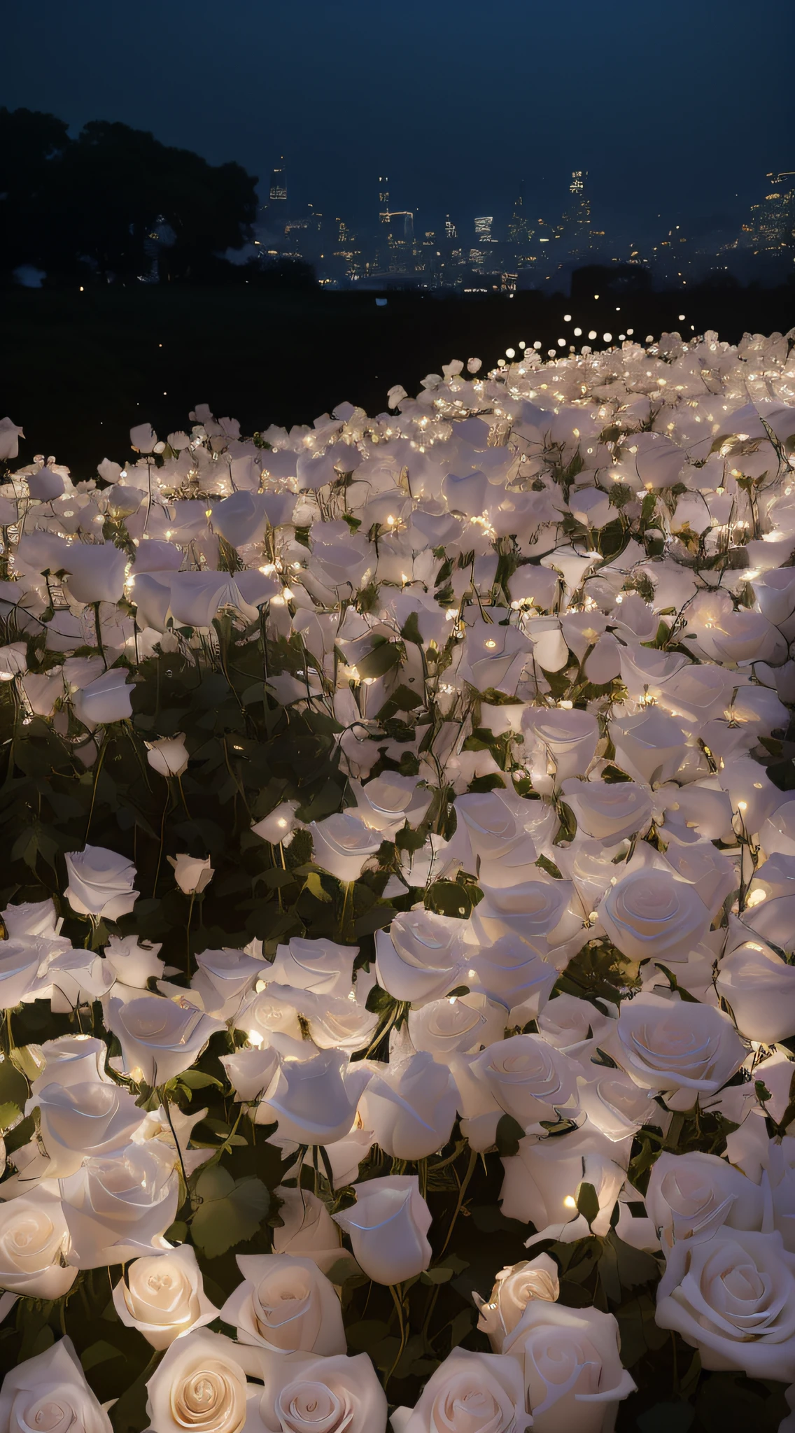 There are many white roses in the fields with the city as a backdrop, field of flowers at night, Glowing flowers, Luminous flowers, lights with bloom, an aesthetic field of flowers, soft bloom lighting, Beautiful and aesthetic, beautiful light up, beautiful aesthetic, with glowing lights at night, Bruce Munro, Soft glow, light bloom, author:Zhang Shengqi