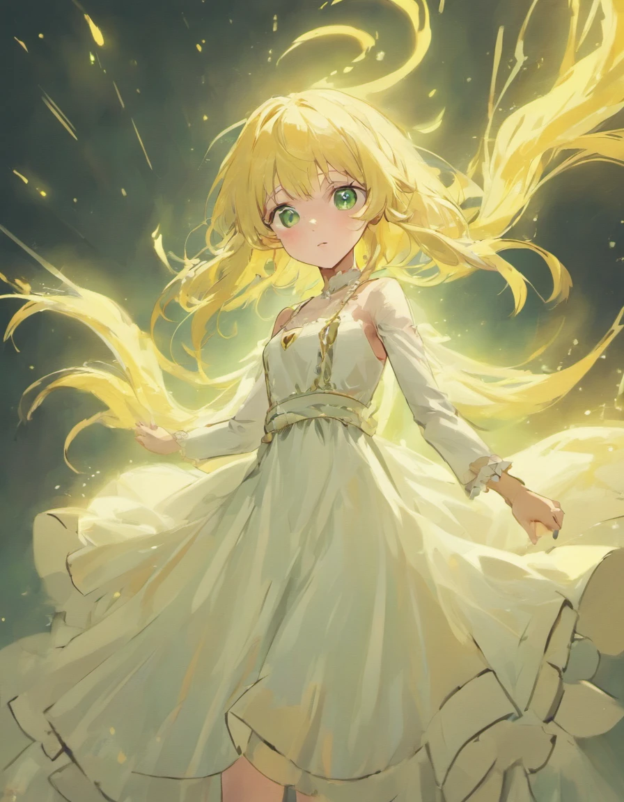 character sheet, girl with long white hair, witch, light green eyes, long white dress.,Style: Urban simplicity, Old money style, Reference brand TEME 2023. Moya Seoul 2023 colors: Peach, Amber brown, Orange-yellow details Full body front design