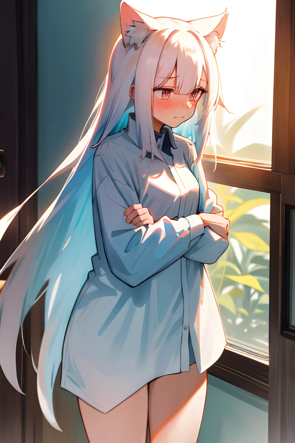 masterpiece, highres, highest quallity, illustration, cinematic light, ultra detailed, detailed face, detailed eyes, best quality, hyper detailed, masterpiece, detailed face,beautiful face,perfect body,1girl,16years old,student,long hair, blue eyes,hair ribbon, white hair, pov,red ribbon,cowboy shot,seductive posture,her cute room,tuffy,curtain,rag,sweatshirt,chinos,,((motion lines)),leave the hem of the sweatshirt out:2