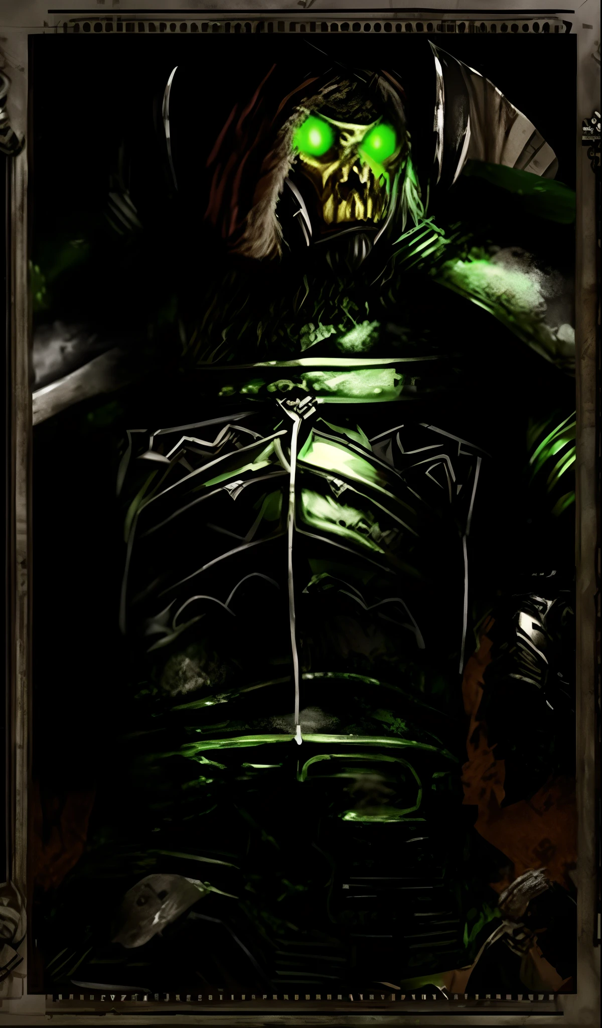 a close up of a person with a green eye in a picture, green armor, the lord of pestilence, portrait of an necromancer, wearing green battle armor, metallic green armor, w 4 0 k, vigo the carpathian, wearing green armor and helmet, ork, skaven, portrait of drizzt do'urden, sotn