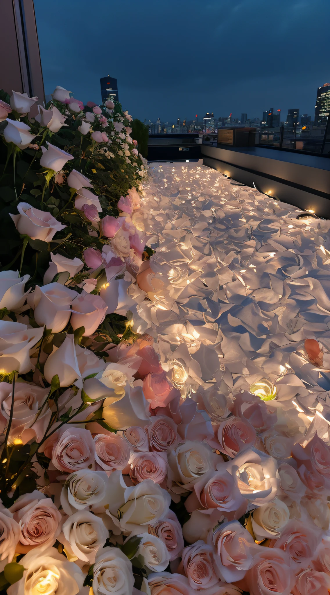 Lights up with flowers on the roof terrace in the evening, set in tokyo rooftop, Flower beds on the floor, rooftop romantic, Glowing flowers, beautiful light up, lights with bloom, Beautiful and aesthetic, rosette, rose pink lighting, Soft glow, Luminous flowers, laying on roses, on rooftop tokyo night, dreamy and romantic, rosses, on future tokyo night rooftop