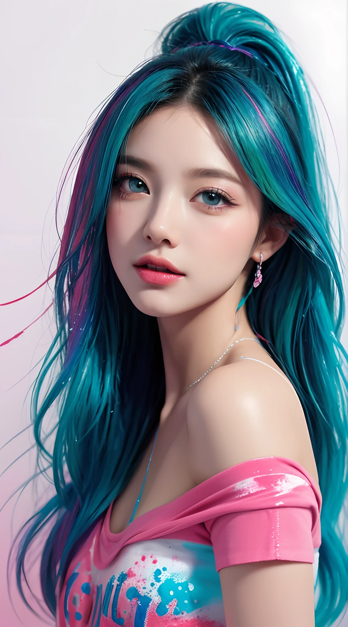 (Pink fashion T-shirt: 1.9), (Colorful hair: 1.8), (Rainbow all colors: 1.8), (((Vertical painting: 1.6))), (Painting: 1.6), Front, Manga, illustration, Painting, Big eyes, Crystal clear, (rainbow color gradient high ponytail: 1.7), Delicate makeup, Shut up, (Small freshness: 1.5), (Bandeau: 1.6), Long eyelashes, white off-the-shoulder T-shirt, White Shoulder Shirt, Looking at the audience, Big watery eyes, (Rainbow hair: 1.6), colored splashing, (Solo:1.8), colored splashing, Color explosion, Color splattering, Color explosion, Thick lacquer style, Messy lines, ((Shining)), (Colorful), (Colorful), (Colorful), Colorful, Thick Paint Style, (Splash) (colored splashing), Vertical painting, Upper body, paint splatter, Acrylic Pigment, Gradient, Paint, Highest image quality, Masterpiece, Solo, Depth of field, facepaint, Colorful clothes, (Elegance: 1.2), Gorgeous, Long hair, Wind, (Elegance: 1.3), (petals: 1.4), ((Masterpiece))), ((Best quality))), (Ultra-detailed), (illustration), (Dynamic Angle), (Floating), (Paint), ((Loose hair)), (Solo), (1girll), ( ( ( Detailed anima face))), (( Beautiful detailed face)), Collar, Exposed shoulders, White hair, ((Colored hair)), ((Striped hair)), Beautiful detailed eyes, (Gradient eyes), (Colored eyes))), (Colored background))), (High saturation))), ((Surrounded by colorful splashes))), (Pink fashion T-shirt: 1.9), (Colorful hair: 1.8), (Rainbow all colors: 1.8), (Vertical painting: 1.6))), (Painting: 1.6), Front, Manga, illustration, Painting, Big eyes, Crystal clear, (rainbow color gradient high ponytail: 1.7), Delicate makeup, Shut up, (Small freshness: 1.5), (Bandeau: 1.6), Long eyelashes, white off-the-shoulder T-shirt, White Shoulder Shirt, Looking at the audience, Big watery eyes, (Rainbow hair: 1.6), colored splashing, (Solo: 1.8), colored splashing, Color explosion, Color splattering, Color explosion, Thick lacquer style, Messy lines, ((Shining), (Colorful), (Colorful), (Colorful), Colorful, Thick Paint Style, (Splash) (col