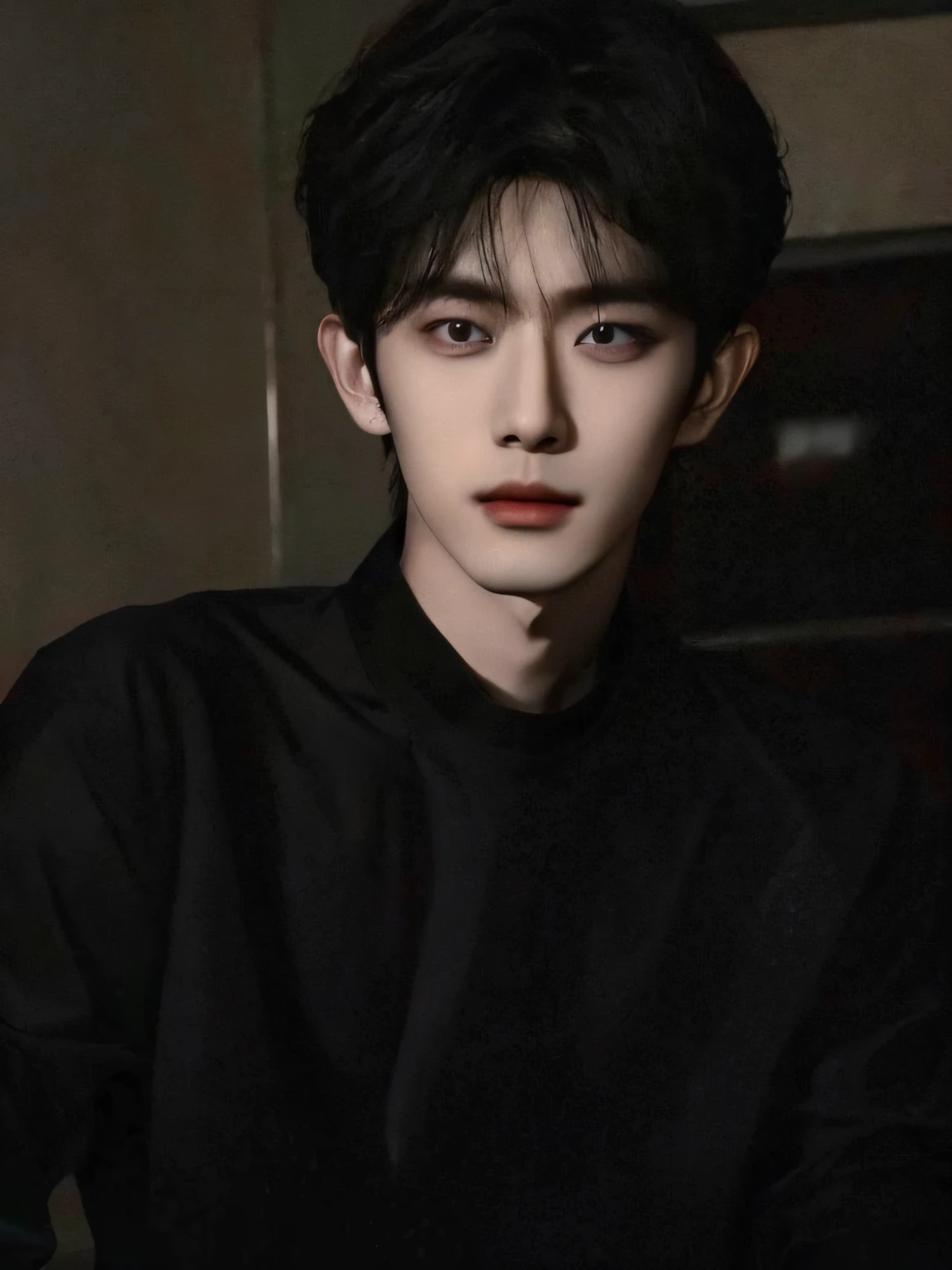 The Arad man in a black shirt sat in a dark room, Kim Do-young, Shin Jinying, Inspired by Zhang Han, Cai Xukun, Inspired by Bian Shoumin, jinyoung shin aesthetic, Male ulzzang, bladee from drain gang, jung jaehyun, inspired by jeonseok lee, portrait of jossi of blackpink, inspired by Yanjun Cheng