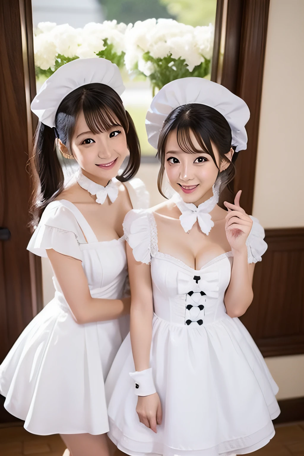 Big eyes,Natural Makeup, Long Hair、Hair with a loose perm、(Redhead with half-tails), (Big smile), Laughter, Symmetrical cute face,Round face, Red eyes,Two maids embracing each other、They press their boobs together、The two put their faces together、 (White headdress、Clothes with frills, Black lace clothes),, girl, whole body, , (masterpiece,Best image quality:1.3),(detailed:1.2),(One Girl), A cute black maid outfit, Dark Night))),、(((Small areola))),(((Upper body naked))),(((Open maid uniform))),(((nude))),(((おっぱいのdetailed))),(((Nipples))),(((Small Boobs))),(((Flat Chest))),(((Small breasts)))、Are standing
