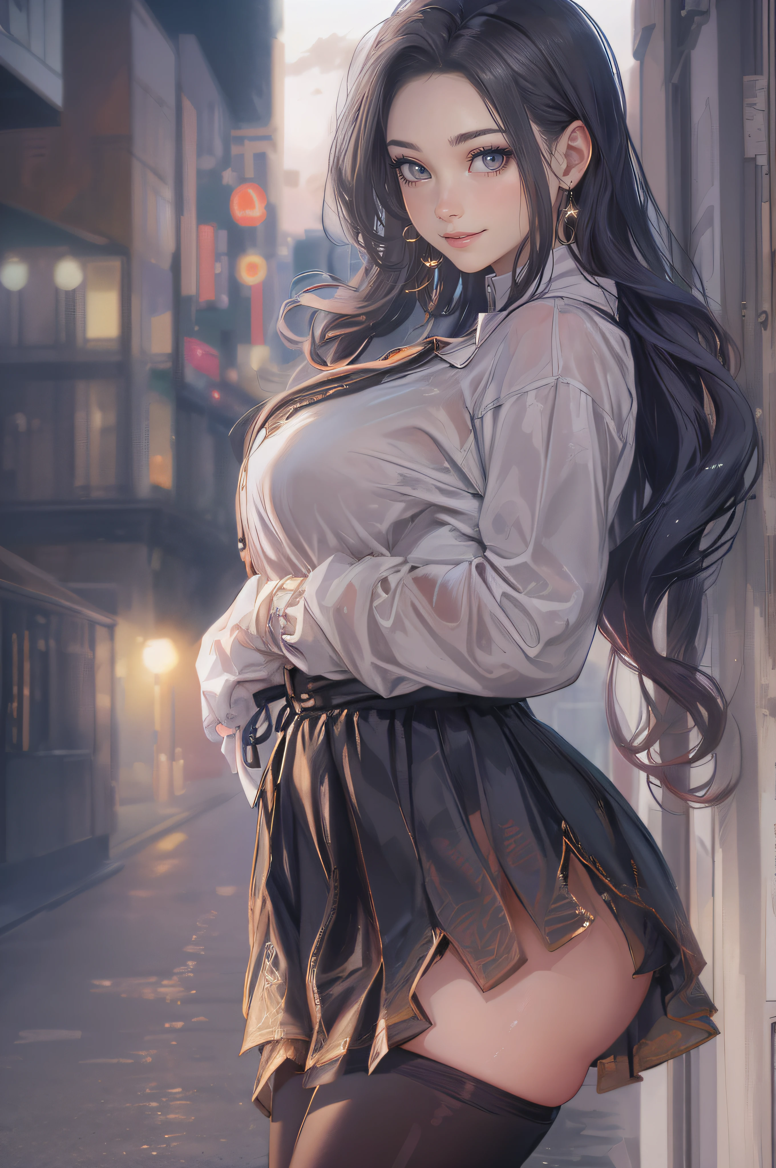 ((A beautiful and cute woman is changing her clothes)), ((A 22-year-old beauty)), ((A shy smile)), ((Long shiny hair)), ((A plump bust)), ((Miniskirt)), ((Blouse)), ((Gradient eyes)), ((The background is a night view of the city)), Attractive makeup, Single view, NFFSW, UHD, Retina, Masterpiece, Accurate, Anatomically, Scientifically Correct, Textured Skin, Super Detail, High Detail, High Quality, Award Winning, Top Quality, High Resolution, 1080P, HD, 4K, 8k, 16k