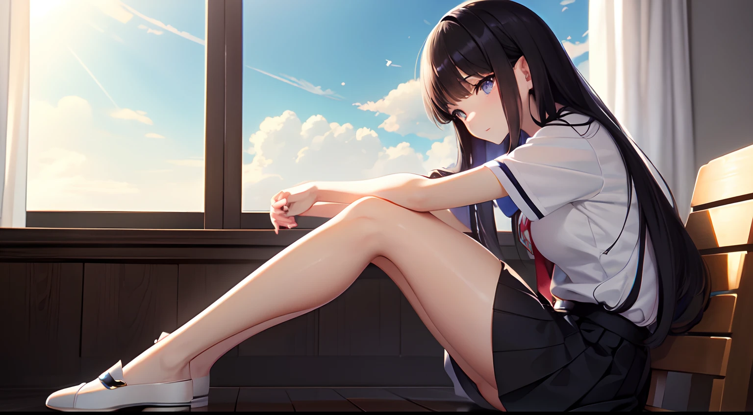 a beautiful , (sit straight ),cute, uniform and skirt, (lustrous and black long hair),(bright eyes) ,gradient eyes, (sun light came in through the windows),(anime style),(CG), atmospheric perspective, masterpiece,((from side)), accurate, ((best quality)), high quality, super detail, high details, anatomically correct, highRes, 1080p