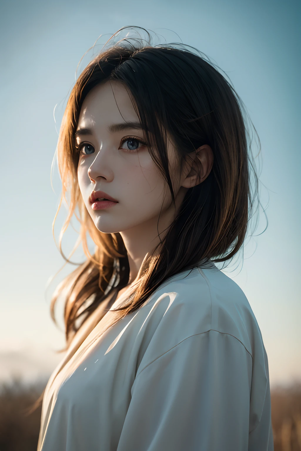 Chiaroscuro, Cinematic lighting, A high resolution, Best quality, 4K, High quality, High details, Super detail, Masterpiece,校服,tall nose bridge,girl,Messy beauty,Tano,with blue sky and white clouds,Dingdall effect,sun light,adolable