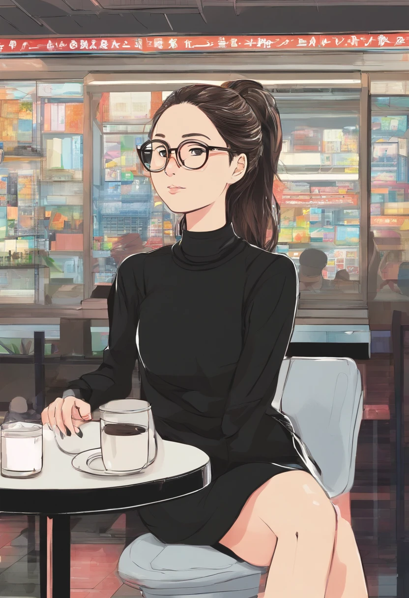 brunette girl with ponytail and glasses about 35 years old. sitting in a fast food restaurant with dark clothes