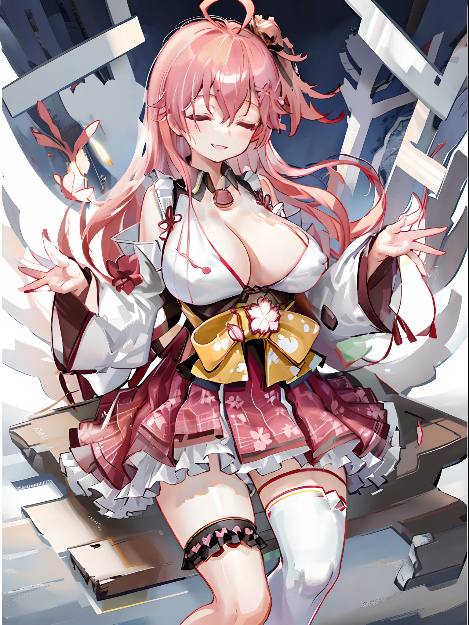masutepiece, Best_Quality, hight_resolution, highres, miko1, sakura miko, 1girl, solo, ahoge, x hair ornament, pink hair, single thighhigh, floral print, hairclip, sideboob, hair bell, floral print, long hair, hair between eyes, one side up, white thighhighs, asymmetrical legwear, wide sleeves, cowboy shot, smile, waving, street, black thighhighs, Pink hair, Red_skirt, (very_short_skirt:1.5), plaid skirts, garter_strap, hair clips, frilld, Bangs, hair between eye, frills skirt,Pleated skirt, Hair Flower, Neck bell, , puffy long sleeves, Black bow, Underbust, Cowboy Shot,Smile, (gigantic_breasts:1.3),(covered_nipples:1.3), covered_pussy,(closed_eyes:1.3), (happy:1.5), childlike_posing,spread_legs,(smile:1.4),plump,open_mouth, (open_clothes:1.2),cleavage,(Panty_shot:1.3),(apart_legs:1.3)