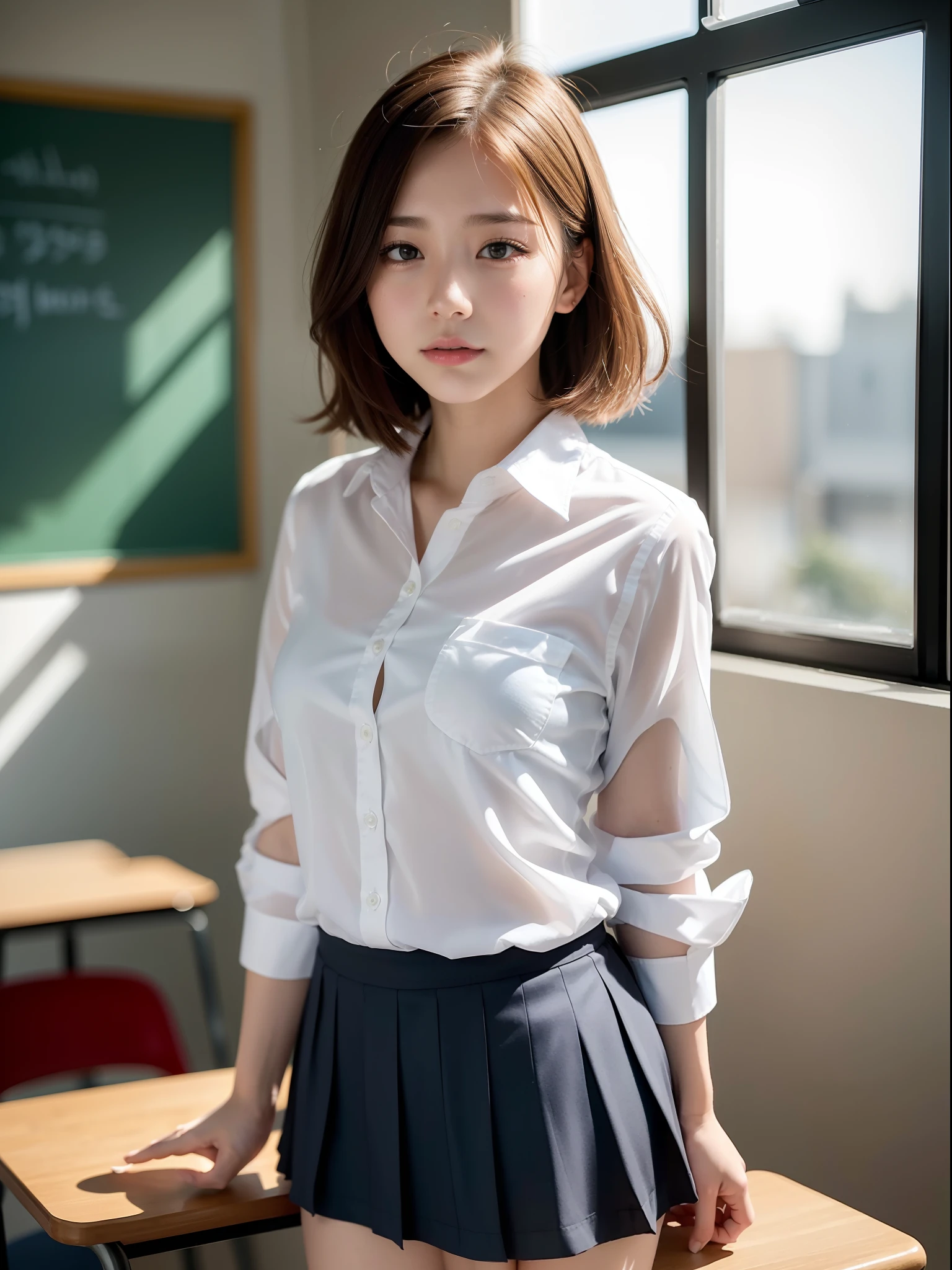 Neat and clean girl、(Schoolgirl Uniform、Loose and large shirt、shirt wet、The shirt was wet and、、、、、、、、are see-through、Sheer white shirt、Navy blue ribbon at the collar、School Uniform Blazer、Dark blue pleated micro mini)、Outside the field、(Slimed)、Photorealsitic、detaileds, Skin Texture, ultra-detailliert、Delicate and sexy collarbone、Super Detailed Face、Detailed lips、A detailed eye、二重まぶた、tiny chest、Smaller chest、small tit、Small、flat breast、Chest emphasis、((Very distressed look、Very embarrassed look、Lift the hem of the skirt yourself,、Show the camera your white panties))、Low ponytail hairstyle or sidi hairstyle、Very black and tanned skin