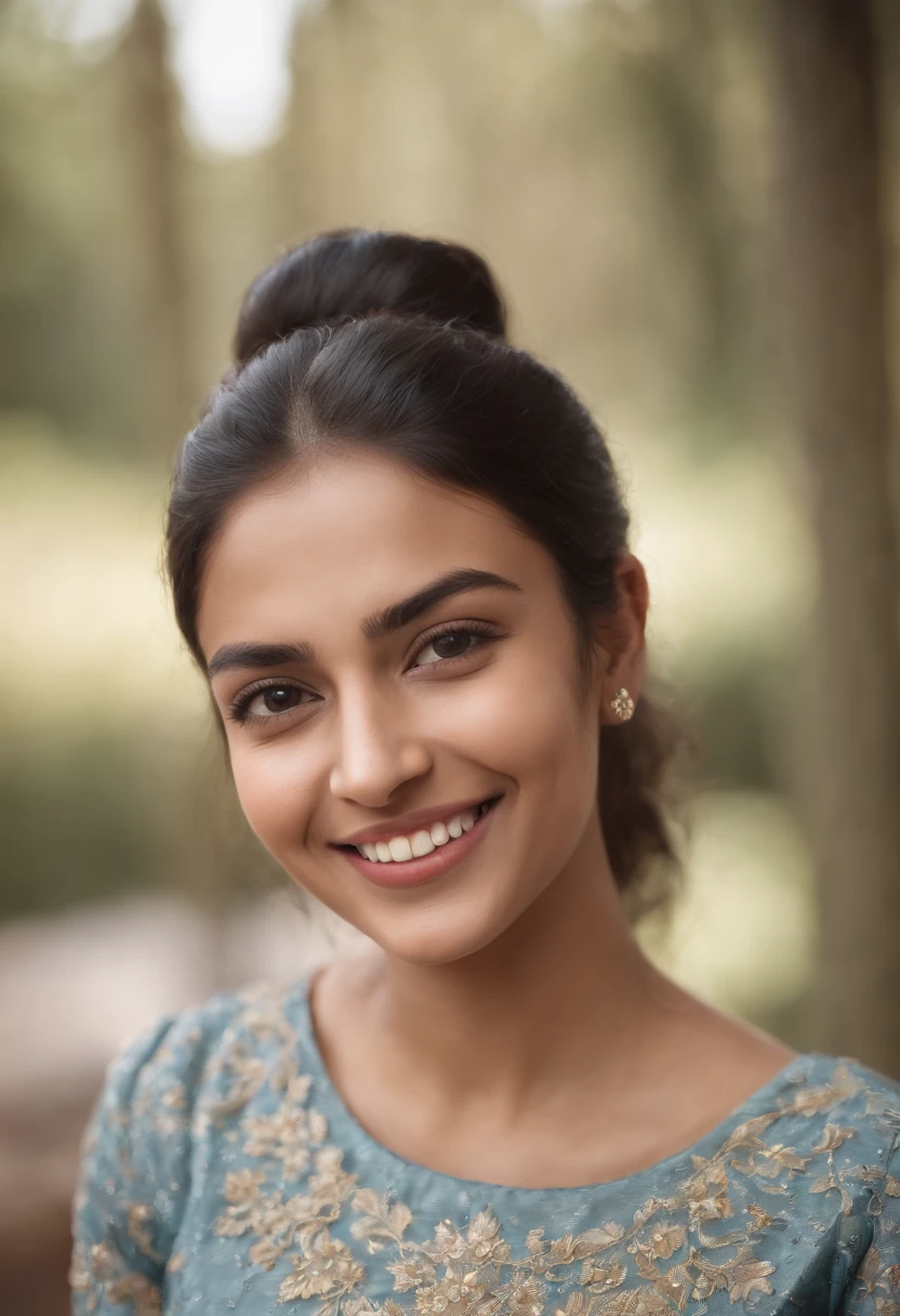 portrait of a confident Indian woman in university, laughing at the camera, 20 years old, confident, top notch 3d model, extremely beautiful, realistic, intricate facial details, no flowing capes, high quality, super detailed, hyper realistic, 8k, studio photo, c up breast, full picture from top to bottom