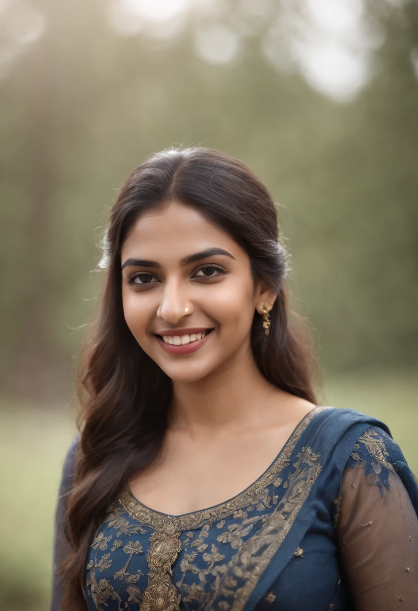 portrait of a confident Indian woman in university, laughing at the camera, 20 years old, confident, top notch 3d model, extremely beautiful, realistic, intricate facial details, no flowing capes, high quality, super detailed, hyper realistic, 8k, studio photo, c up breast, full picture from top to bottom