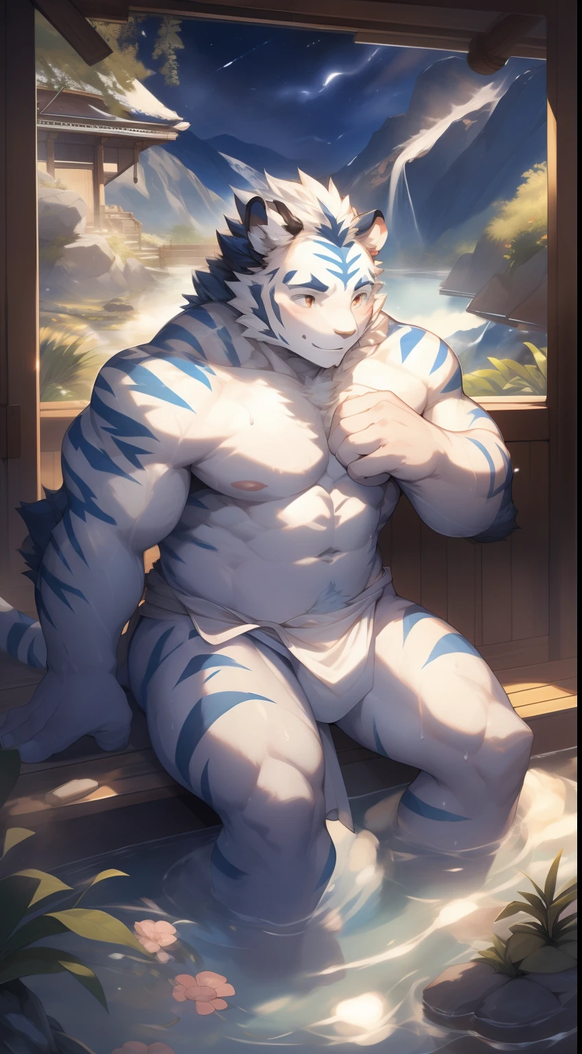 (by null-ghost, by thebigslick, By Darkgem, by Honovy), Kogenta (Onmyoji Oyamaji Temple), high-definition photograph, Perfect anatomy, Anthropomorphic white tiger, male people, 20yr old, Thick eyebrows, Light blue stripes, Strong body, large pecs, (Fully naked body:1.4), White bath towels cover the reproductive organs, medium bulge, Pink milk clusters, Soak in natural hot springs, Partially submerged, spread thighs, one arm raised, (In the valley at night:1.5), A shy expression, Be red in the face, Golden pupils, Look up at the audience, Clear facial features, Strong, Solo, top views, Full body photo, fog atmosphere, sweat leggs, In the valley, Natural hot springs, Natural rocks are everywhere, wild plants, glowworm