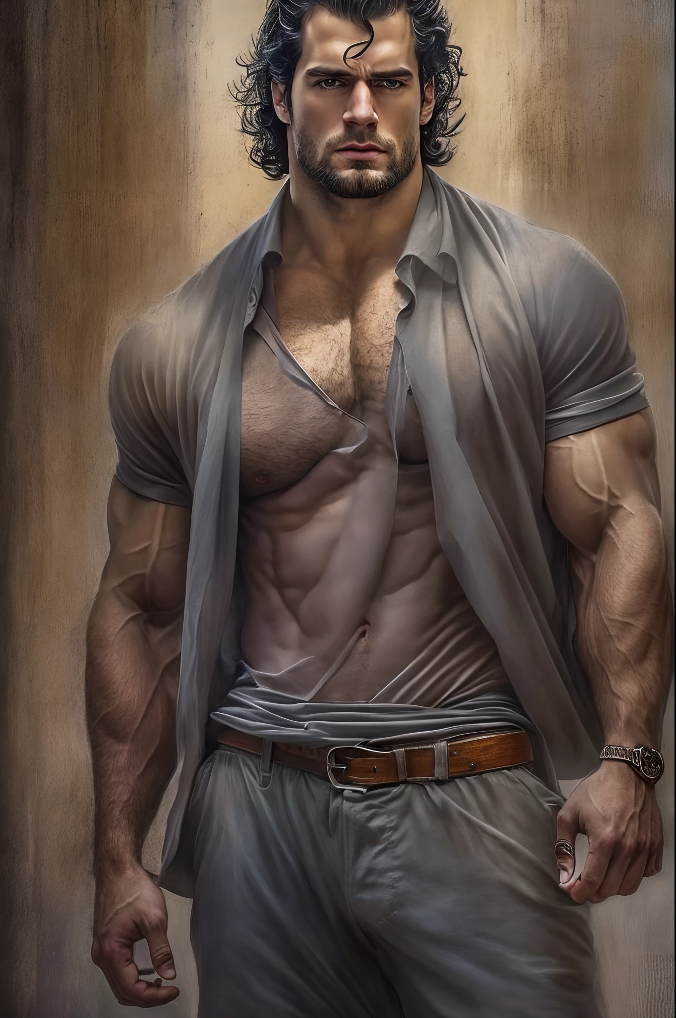 (best quality,4k,8k,highres,masterpiece:1.2),ultra-detailed,(realistic,photorealistic,photo-realistic:1.37),muscle Henry Cavill,strong,manly,sexy,shirtless,confident gaze,defined jawline,rippling muscles,chiseled physique,dark hair,symmetrical features,intense expression,charismatic smile,piercing blue eyes,broad shoulders,toned arms,fit body,athletic build,masculine charm,perfected facial hair,glistening sweat,rippling veins,muscular definition,bold and powerful presence,charismatic aura,alluring masculinity,proud posture,impressive physique,expressive body language,engaging personality,dominant stance,striking charisma,prominent chest,rippling abs,determined look,attractive posture,direct eye contact,alluring gaze,example of the ideal male form,impressive strength,projecting confidence,imposing figure,absolutely breathtaking artist's rendition,majestic lighting,exquisite realism,painterly details,meticulous attention to detail,rich colors,skilled craftsmanship,masterstroke composition,impressive texture,dynamic brushwork,immaculate shading,dramatic atmosphere,perfectly captured essence,immersive artistry,awe-inspiring aesthetics,striking contrast,mesmerizing beauty,bold use of shadows,captivating depth,unforgettable artwork,sensual artistry