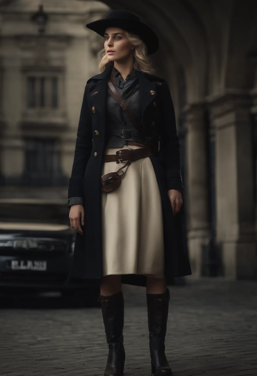 1 woman, reference sheet, matching outfit, (assassin character design, front, back, sides, left, right, up, down),full body British women, blue eyes, black hair, wear a classic black round hat, white shirt, dark vest, dark long jacket, a belt with silver buckle, dark leather trousers, black boot, she bring a leather bag in her left hand, she is serious woman with big ambition, she live in British industrial era, a classic revolver in her belt