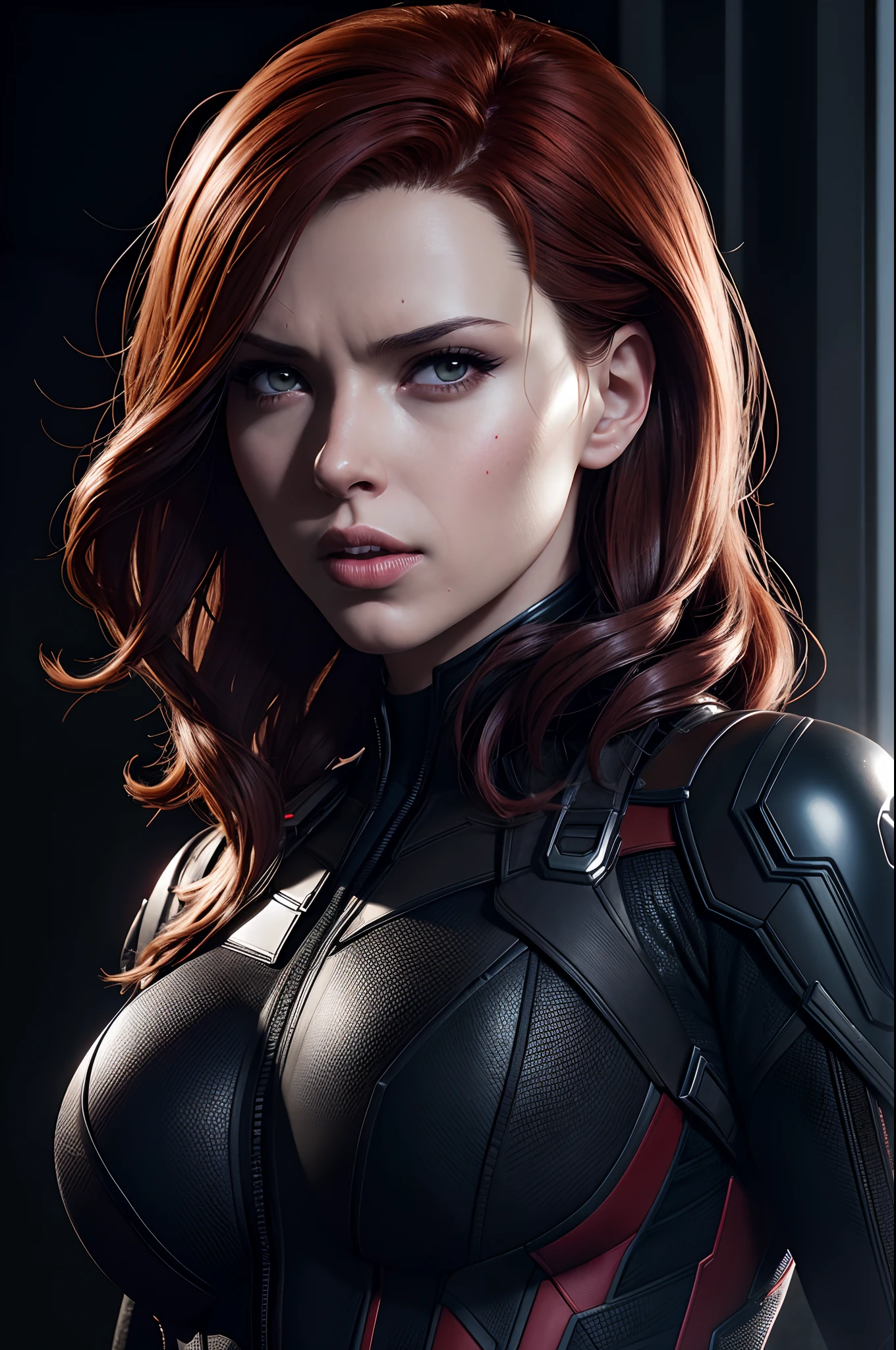 Marvel, black widow, realistically, dynamic lights, sexy, gray stubble, full shoot, (extremely detailed CG unity 8k wallpaper), trending on ArtStation, trending on CGSociety, High Detail, Sharp focus, dramatic, photorealistic
