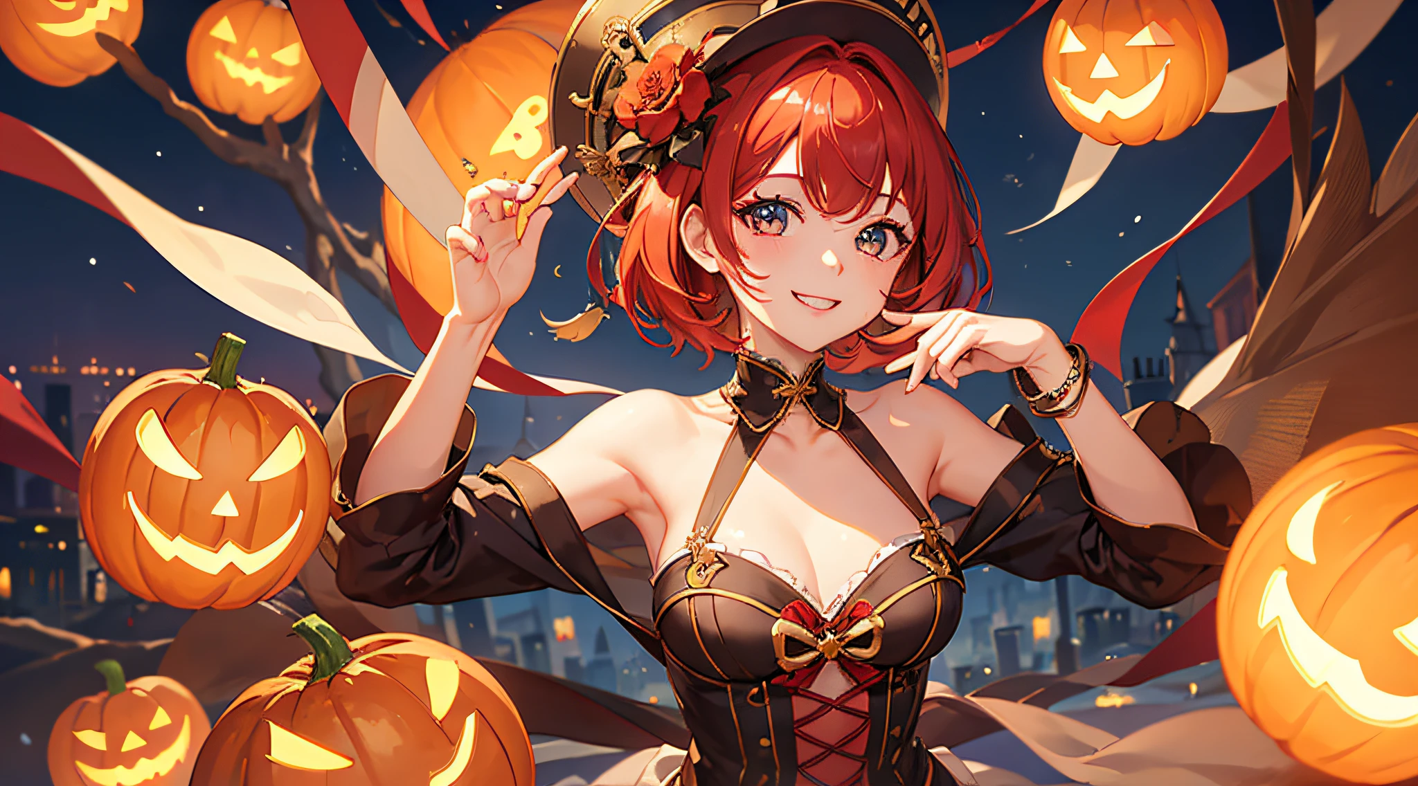 (masterpiece、top-quality:1.2)、独奏、1girl in、a smile、Look at viewers、(Nail Pose:1.1)、short red hair、Pointed hat、brown-eyed、Naked bandage、natta、Halloween、jack-o-lanterns、Cobweb,Solo Shot、model shot、Polished RAW photos、Big eyes、Transparent eyes、 Beautiful makeup、long eyeslashes、A smile、Smile、、Solo Photography、beatiful detailed eyes、vertical stripes imagem 4k 超A high resolution、Overall view