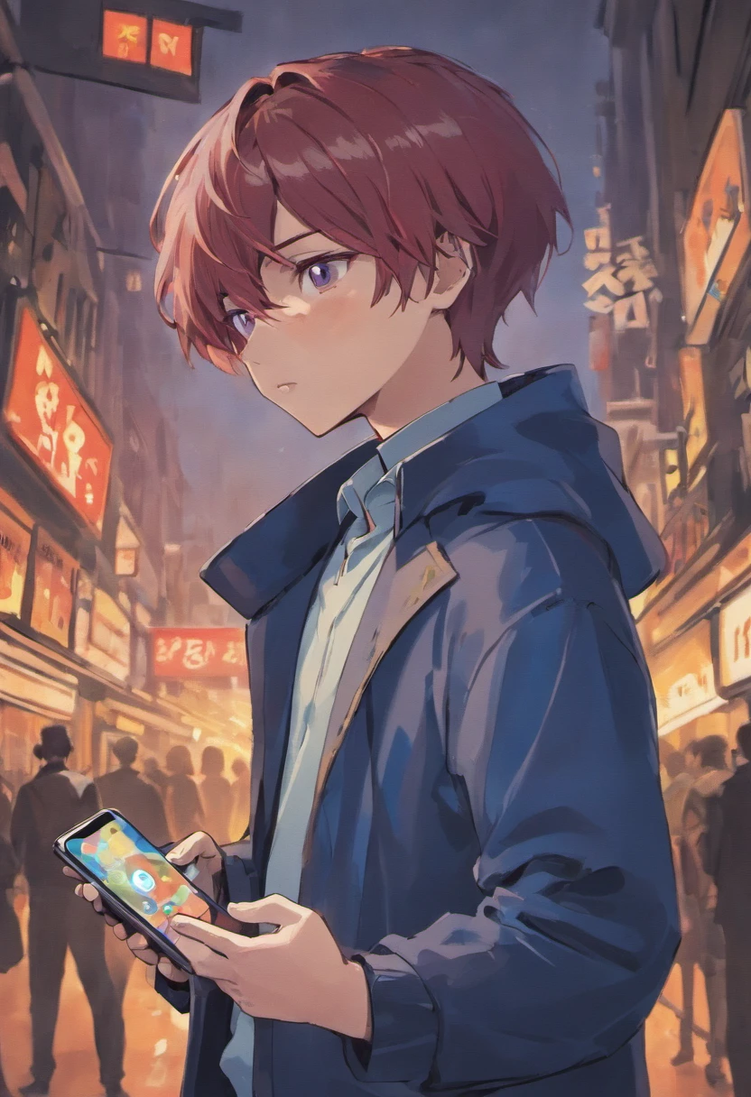 Anime boy looking at his phone,The background is blank, style of anime4 K, mamoru hosoda, kentaro miura art style, author:New Art, inspired by Shingei,Holding the phone in his left hand,A confused look,The mouth is open,brunette color hair,Red eyes,Standing,Purple coat,Blue shirt,The background is plain blank,A confused look,Roll your eyes,Hold your phone high with your left hand