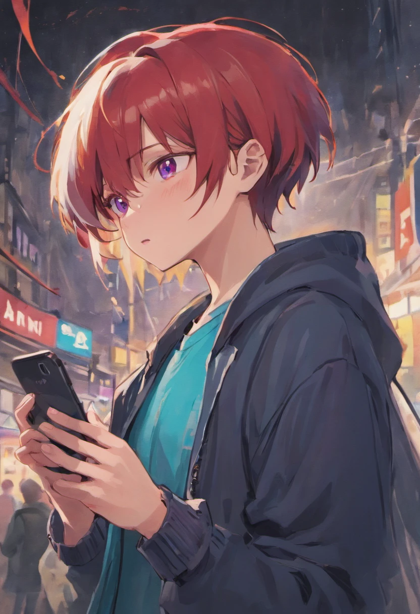 Anime boy looking at his phone,The background is blank, style of anime4 K, mamoru hosoda, kentaro miura art style, author:New Art, inspired by Shingei,Holding the phone in his left hand,A confused look,The mouth is open,brunette color hair,Red eyes,Standing,Purple coat,Blue shirt,The background is plain blank,A confused look,Roll your eyes,Hold your phone high with your left hand