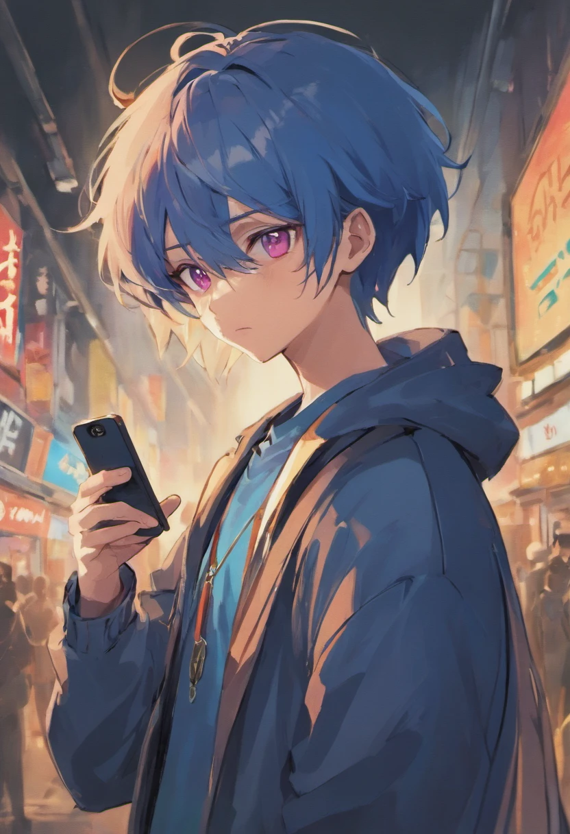 Anime boy looking at his phone，The background is blank, style of anime4 K, mamoru hosoda, kentaro miura art style, author：New Art, inspired by Shingei，Holding the phone in his left hand，A confused look，The mouth is open，brunette color hair，Red eyes，Standing，Purple coat，Blue shirt，The background is plain blank，A confused look，Roll your eyes，Hold your phone high with your left hand