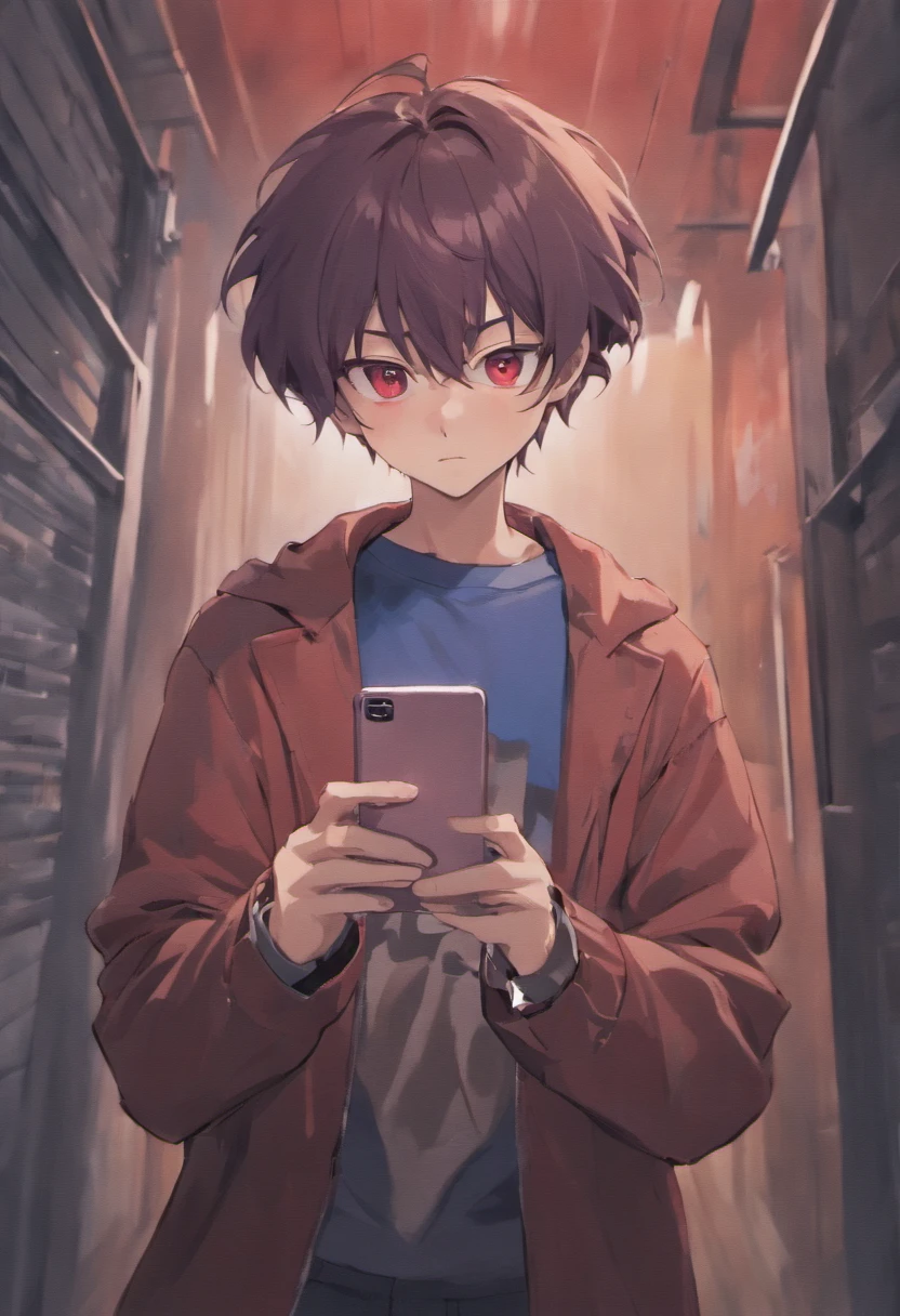 Anime boy looking at his phone,The background is blank, style of anime4 K, mamoru hosoda, kentaro miura art style, author:New Art, inspired by Shingei,Holding the phone in his left hand,A confused look,The mouth is open,brunette color hair,Red eyes,Standing,Purple coat,Blue shirt,The background is plain blank,A confused look,Roll your eyes,Hold your phone high with your left hand