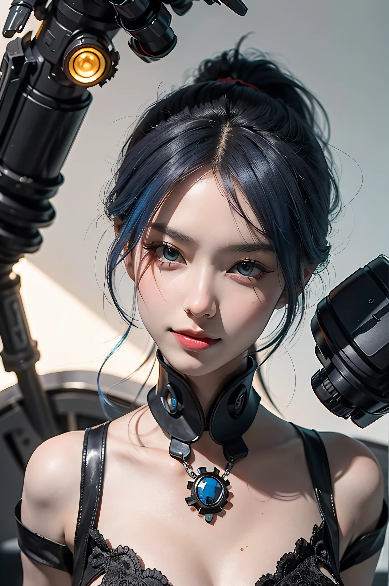 Cyberpunk，masterpiece, best quality, 32k uhd, insane details, intricate details, hyperdetailed, hyper quality, high detail, ultra detailed, Masterpiece, girl with Beautiful face，robot, Chinese punk, in the style of meticulous realism, 32k uhd, high quality photo, Beautiful eye, mechanical parts exposure, blue hair,smile，sexy,full body,fleshy legs，