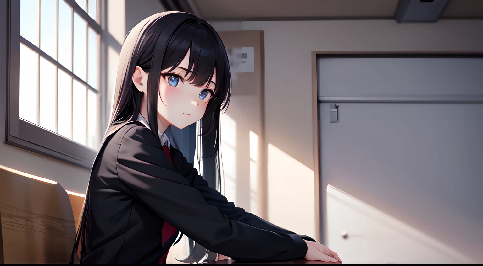 a beautiful junior high school student, (sit straight ),cute, uniform and skirt, (lustrous and black long hair),(bright eyes) ,gradient eyes, (sun light came in through the windows),(anime style),(CG), atmospheric perspective, masterpiece,((from side)), accurate, ((best quality)), high quality, super detail, high details, anatomically correct, highRes, 1080p