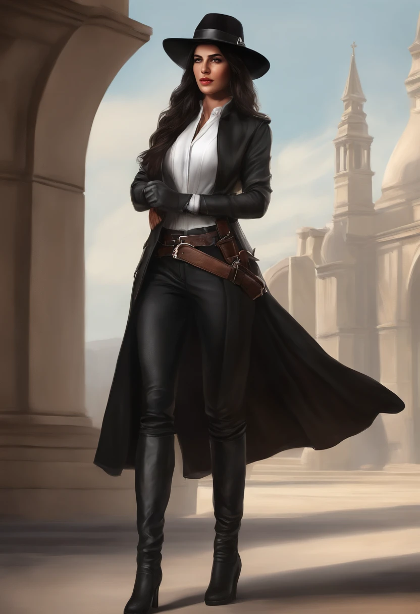1woman, reference sheet, matching outfit, (assassin character design, front, back, sides, left, right, up, down),full body British women, blue eyes, black hair, wear a classic black round hat, white shirt, dark vest, dark long jacket, a belt with silver buckle, dark leather trousers, black boot, she bring a leather bag in her left hand, she is serious woman with big ambition, she live in British industrial era, a classic revolver in her belt