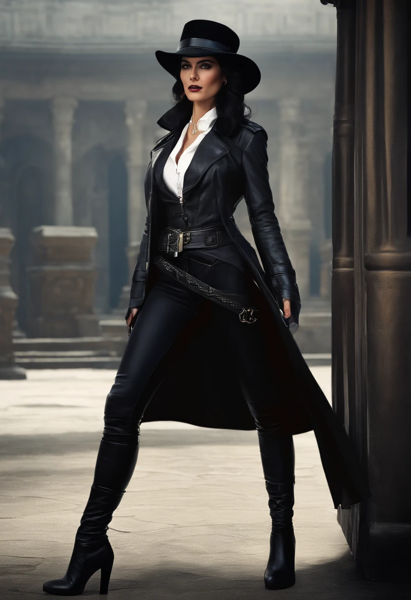1woman, reference sheet, matching outfit, (assassin character design, front, back, sides, left, right, up, down),full body British women, blue eyes, black hair, wear a classic black round hat, white shirt, dark vest, dark long jacket, a belt with silver buckle, dark leather trousers, black boot, she bring a leather bag in her left hand, she is serious woman with big ambition, she live in British industrial era, a classic revolver in her belt