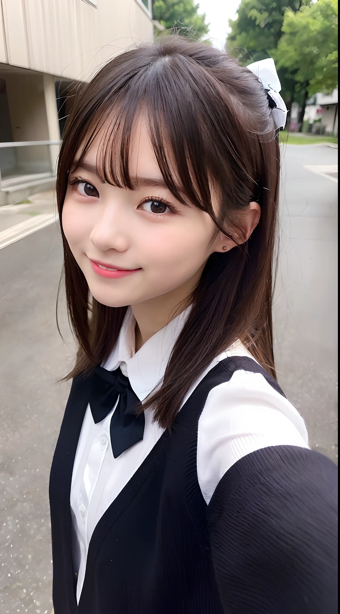 (Best Quality, 8K, 32K, masutepiece, nffsw:1.2),Hyper Detail Hair,Photo of Pretty Japanese girls,1girl in,18year old,japanaese girl,(A dark-haired:1.5),School uniform,White shirt,a bow tie, (directly in front:1.2), selfee, ((Smile:1.2)),((From shoulder up:1.2)), ((up of face:1.2)),