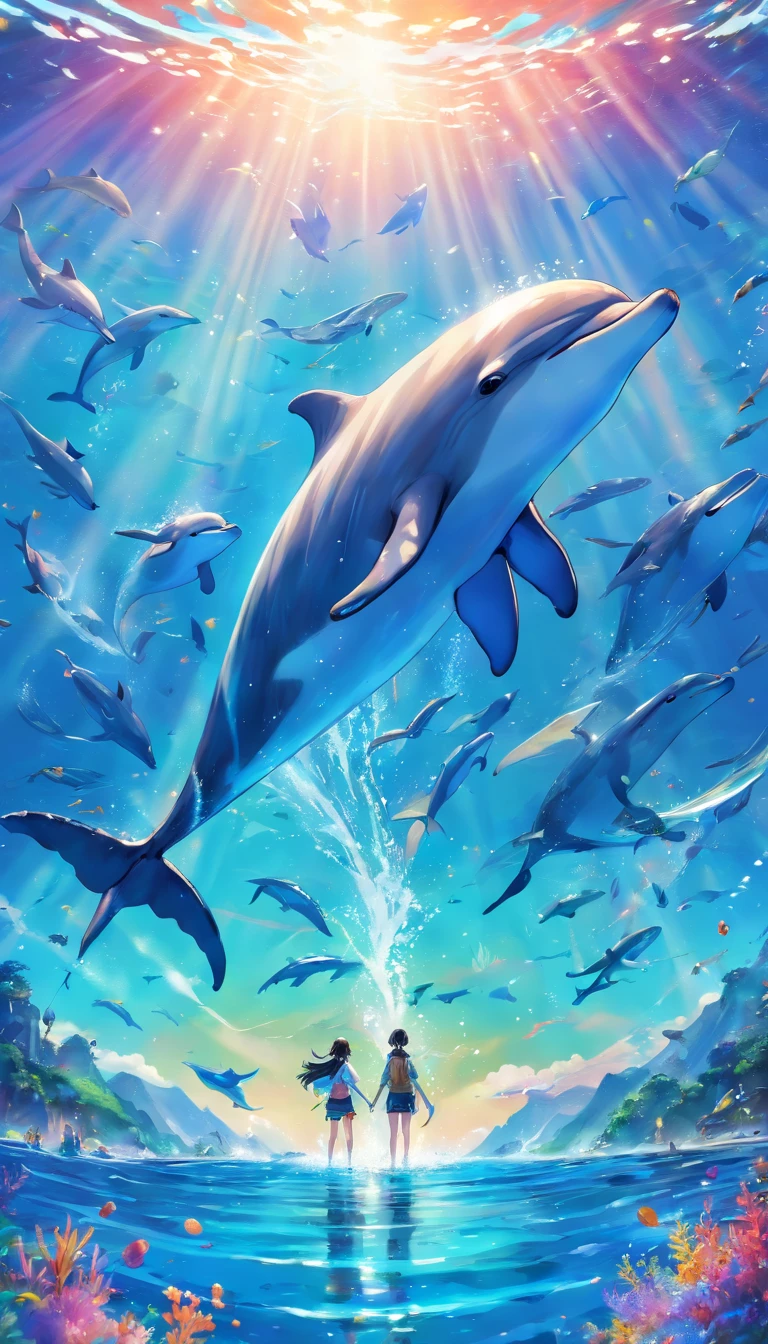 Drawing of dolphins swimming in colorful sea, Look up at the composition, Whales with living water from the sky, inspired by Cyril Rolando, dreamy psychedelic anime, colorful anime movie background, a beautiful artwork illustration, Authors：Sitao, colorful concept art, Makoto Shinkai Siriro Roland, in style of cyril rolando, flying whales, highly detailed water colour 8k, highly detailed watercolor 8 K，octans，sona，Realistic，8K，Shinkai Makoto style( Reasonable design, ligne claire, High sharpness,Best Quality, Very detailed, Master Parts, Movie Light Effects, 4K )Feathered