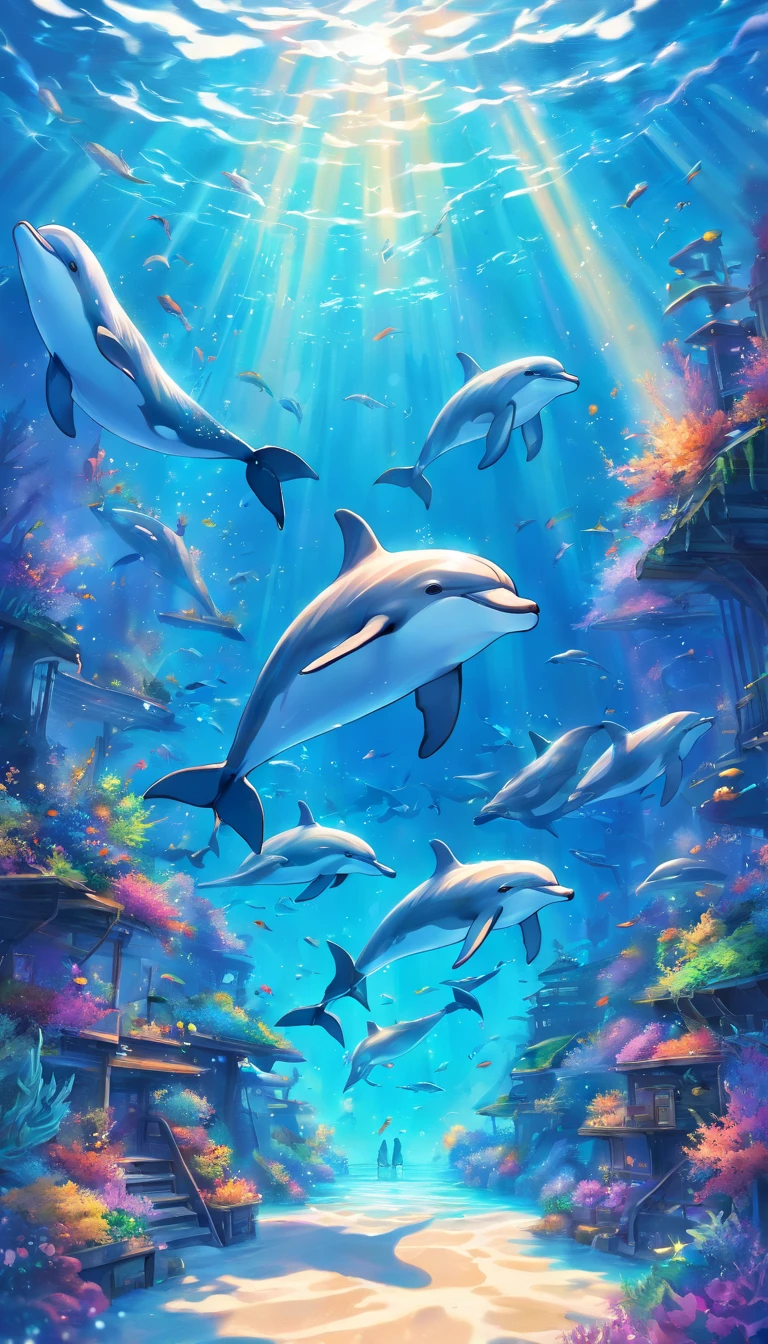 Drawing of dolphins swimming in colorful sea, Look up at the composition, Whales with living water from the sky, inspired by Cyril Rolando, dreamy psychedelic anime, colorful anime movie background, a beautiful artwork illustration, Authors:Sitao, colorful concept art, Makoto Shinkai Siriro Roland, in style of cyril rolando, flying whales, highly detailed water colour 8k, highly detailed watercolor 8 K,octans,sona,Realistic,8K,Shinkai Makoto style( Reasonable design, ligne claire, High sharpness,Best Quality, Very detailed, Master Parts, Movie Light Effects, 4K )Feathered