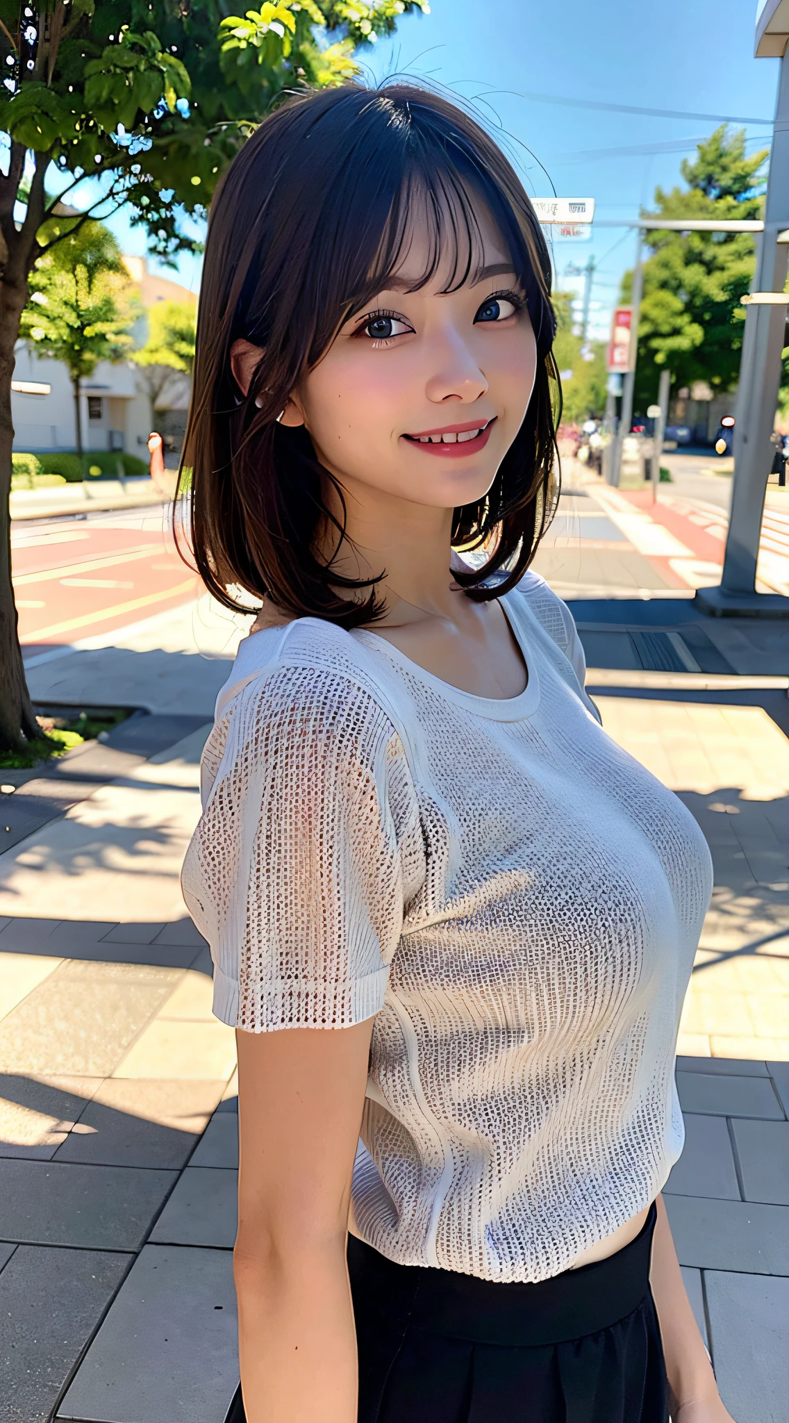 (in 8K, top-quality, masterpiece:1.2), (realisitic, Photorealsitic:1.37), ultra-detailliert, Natural sunlight, mideum breasts, I can see the cleavage, 1 persons, 35-year-old woman, Dark hair, Pendants, Torn shorts, Light Knit V-Neck Shirt, At the time of performance, extremely detailed face and skin, A detailed eye, extremely detailed face and skin, Look at viewers、Omotesando、Street Trees、Morning cityscape、Fashionable city、The morning sun is dazzling、