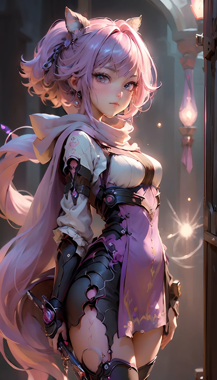 (((masterpiece)))、(((top-quality)))、((ultra-detailliert))、(highly detailed CGillustration)、Cinematic light、intricate detailes、
full bodyesbian、Chibi、
1girl, Pink hair, Twin-tailed, a purple eye, (ninjartist), Short sword, Medium Blate ,scarf, wall-paper, magic circle background, Particles of light, blue fire,ninjartist