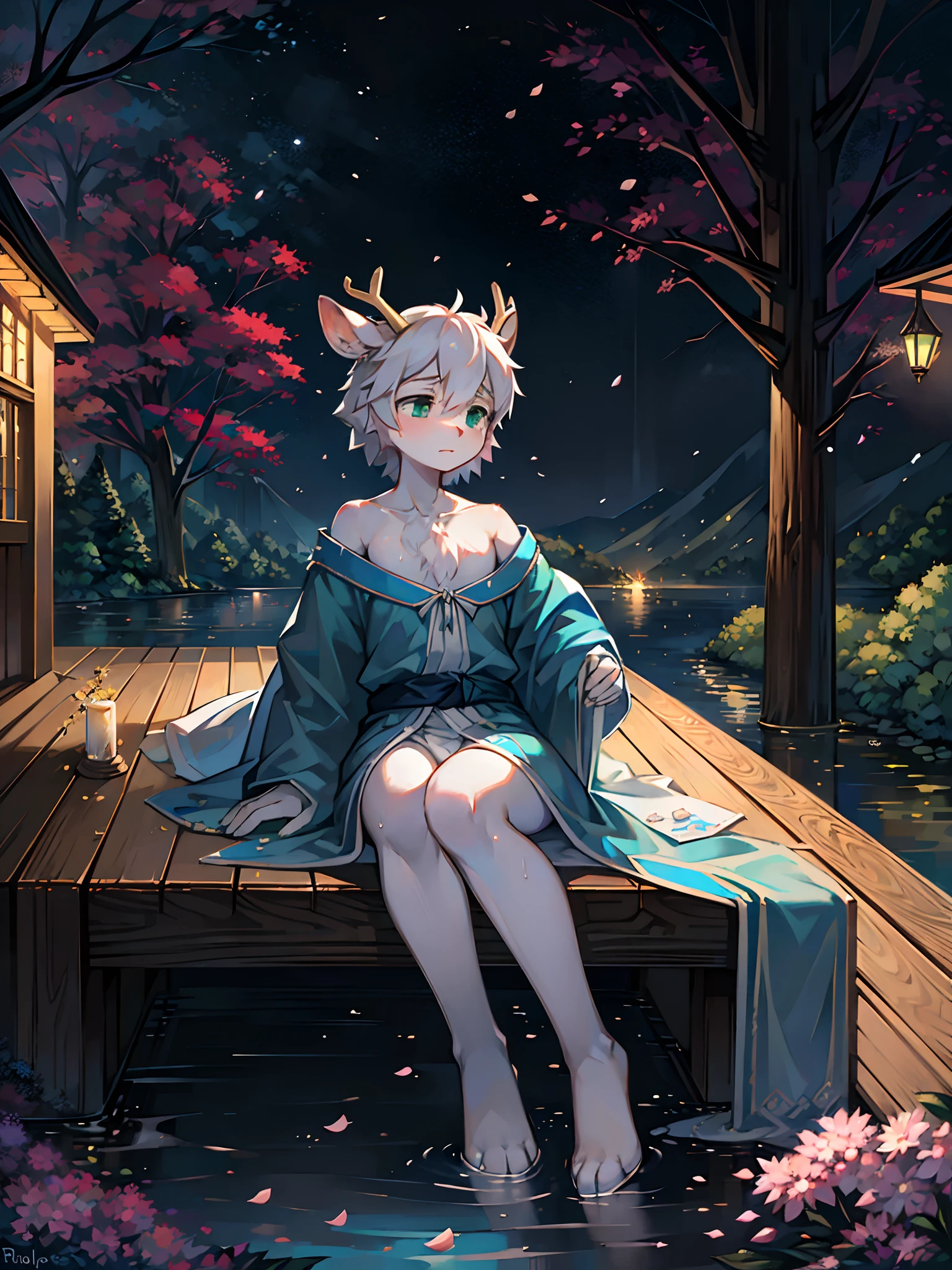 A white deer，long blue robes，Green eyes，deer antlers，River side，falling flower petals，It rained heavily，The tree，White petals，Lake Pavilion，Holding an umbrella，dark cloude，A sad look，rainwater，Fallen flowers，ripples，White pear blossom tree