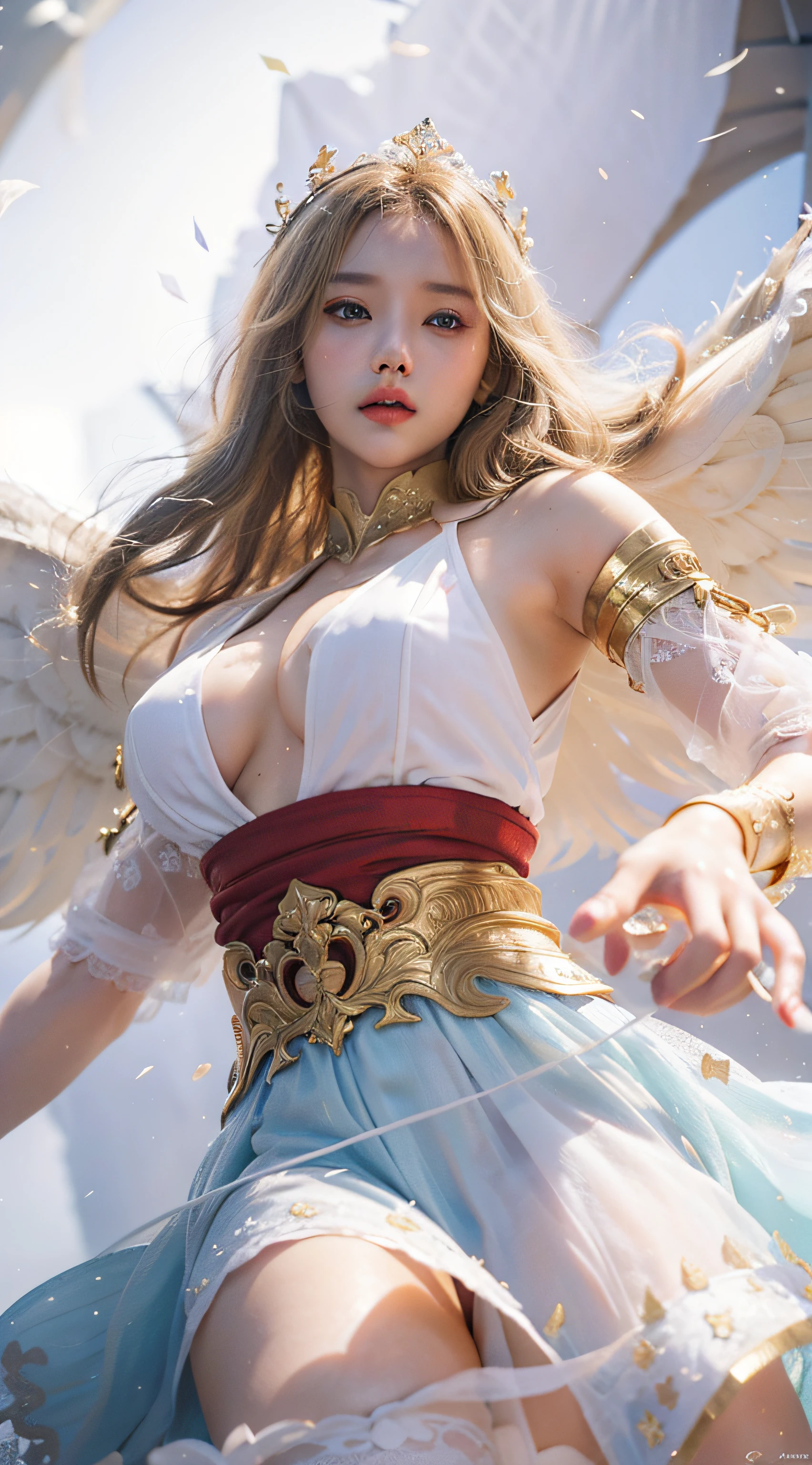 1girl, solo, game character, beautiful girl, extremely beautiful, ridiculously beautiful, masterpiece, top quality, blonde hair, white dress, angelic, crown, japanese umbrella, dramatic light, ((realistic, hyper realistic, super detail, detailed clothes texture, detailed body shape, detailed skin texture, detailed background, detailed face))