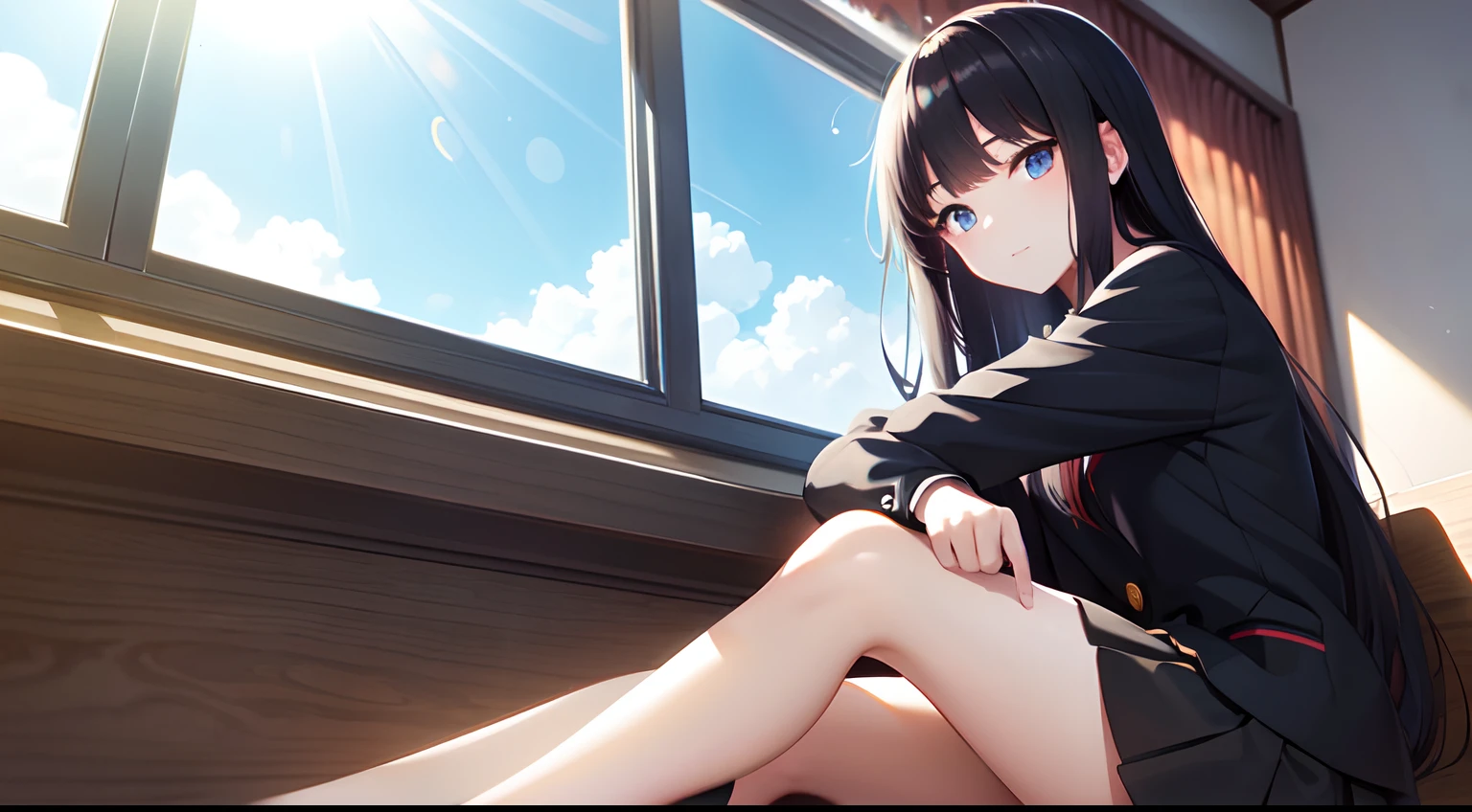 a beautiful , (sit straight ),cute, uniform and skirt, (lustrous and black long hair),(bright eyes) ,gradient eyes, (sun light came in through the windows),(anime style),(CG), atmospheric perspective, masterpiece,((from side)), accurate, ((best quality)), high quality, super detail, high details, anatomically correct, highRes, 1080p