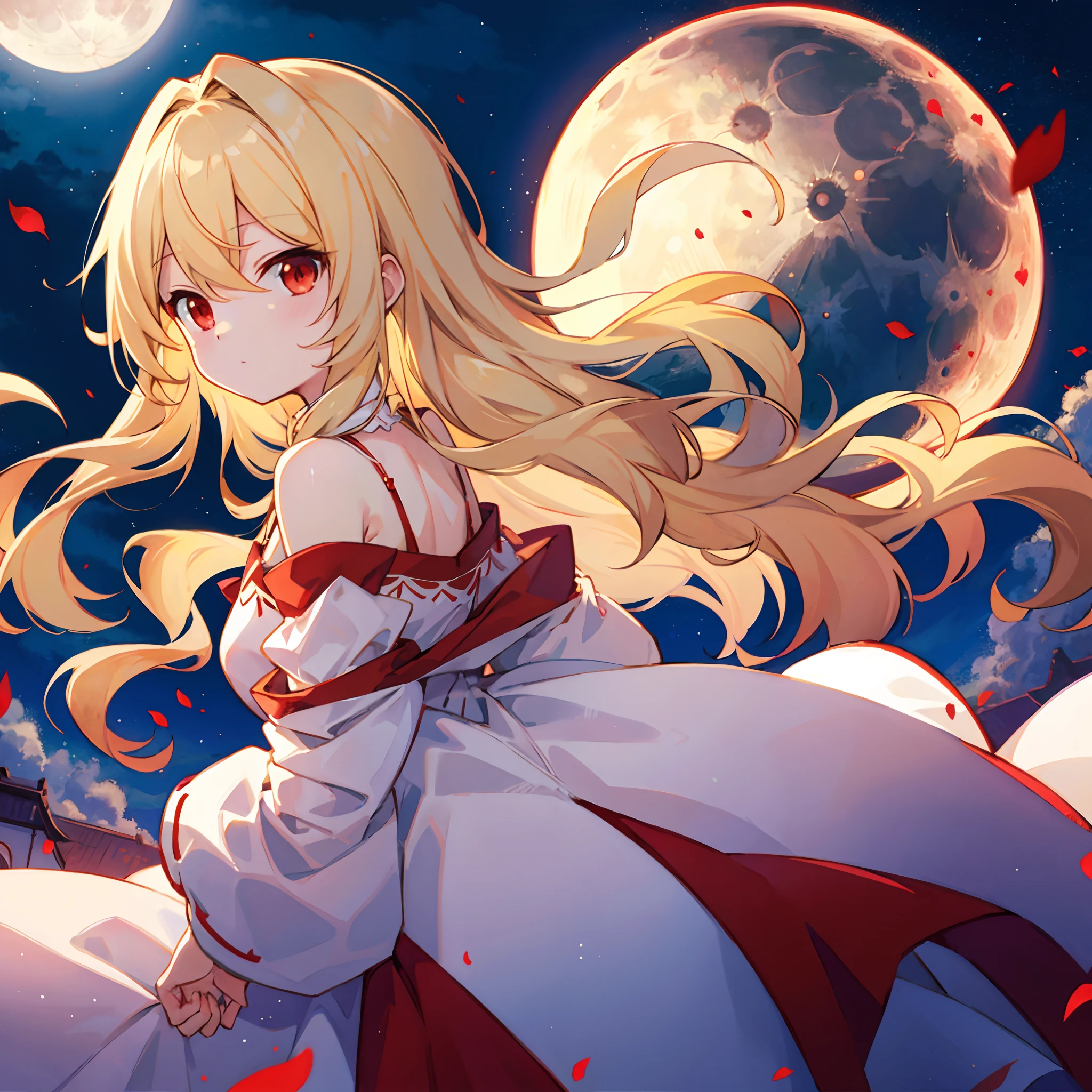 Wavy blonde、red eyes、One beautiful vampire girl、Fluffy clothes、off shoulders、a moon、natta