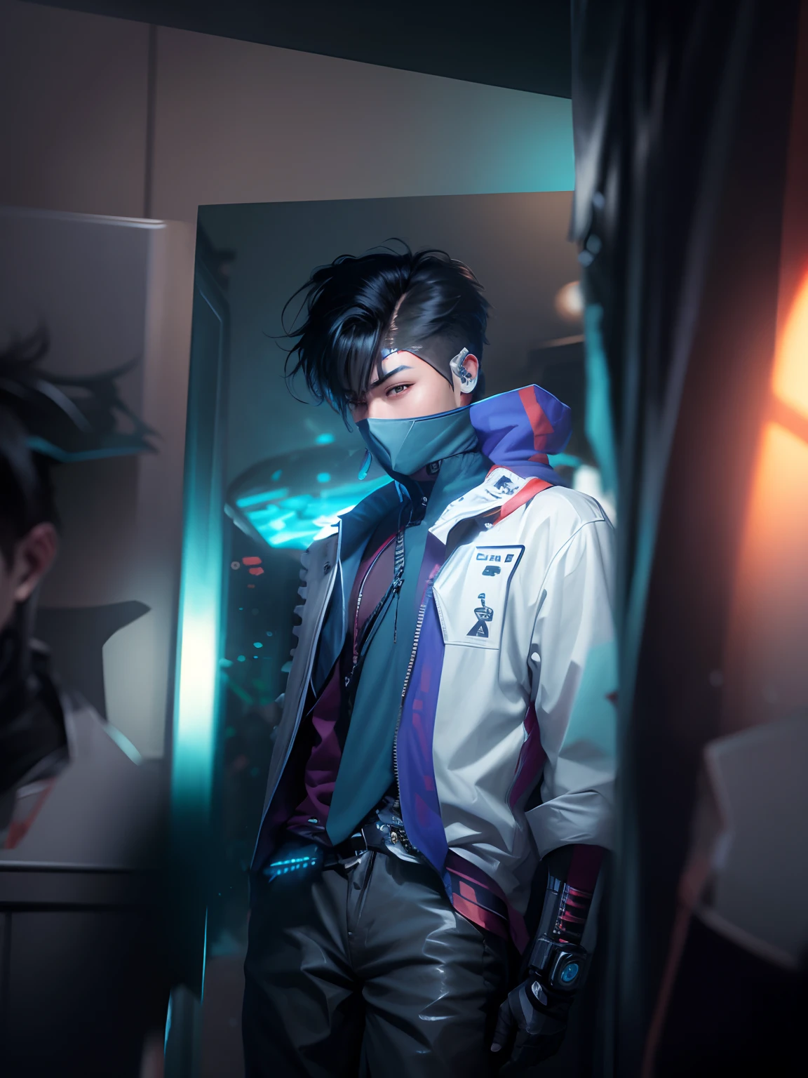 Cheng background handsome boy. Realistic face. Cyberpunk. High quality