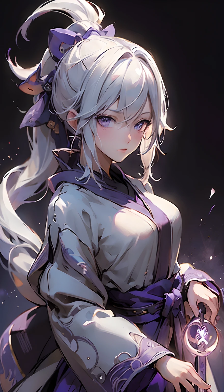 (((masterpiece))), (((best quality))), ((ultra-detailed)), (highly detailed CG illustration), cinematic light, intricate detail,
full body, chibi,
1girl, white hair, ponytail, purple eyes, (ninja), short sword, medium breats ,scarf, wallpaper, magic circle background, light particles, blue fire,