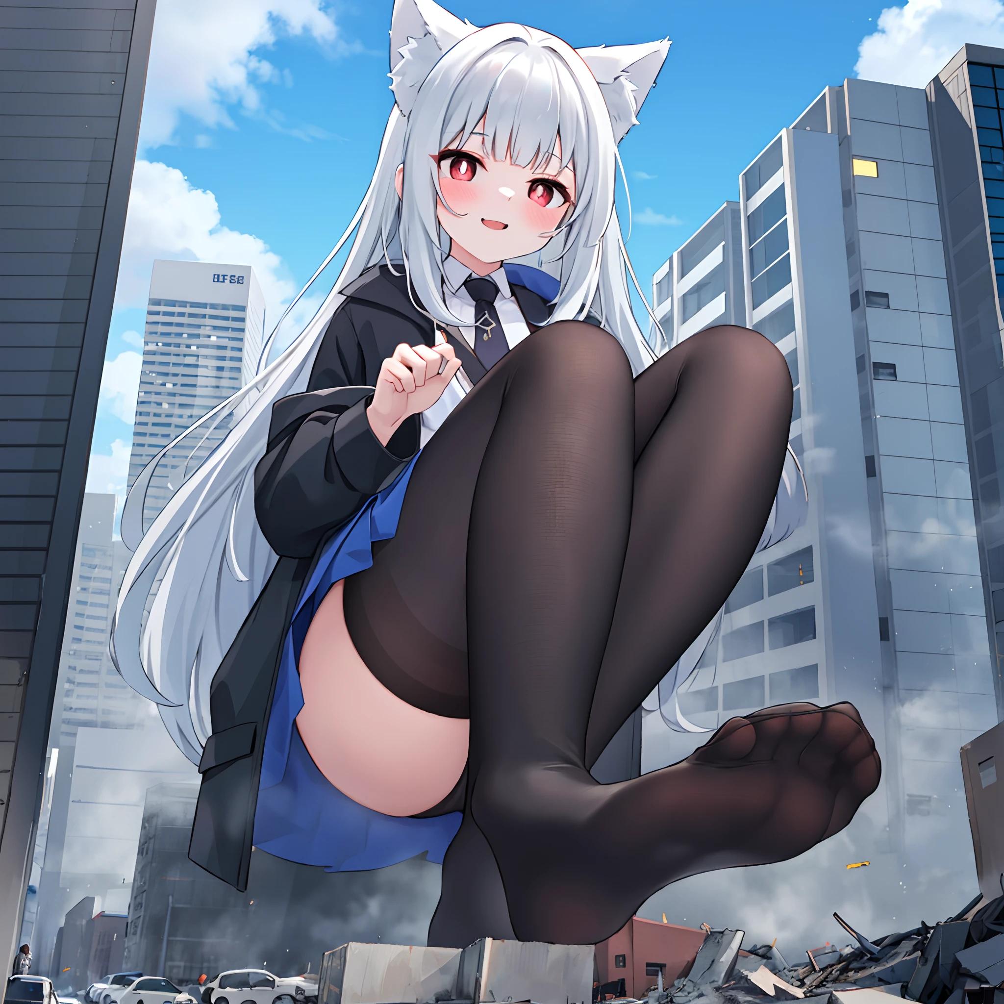 1girll, , nice hand, Two legs, Five fingers, full bodyesbian, Bigger than the building,No shoes，{Black stockings}，Black jacket with white shirt ，Blue tie，Dark gray hair，Wolf ears，Light red eyes，A cold expression， Destroyed buildings, GTSCity, As a giantess, Bright pupils, Smile, Naughty face, 16k, High quality, High details, Anatomically correct, Textured skin，