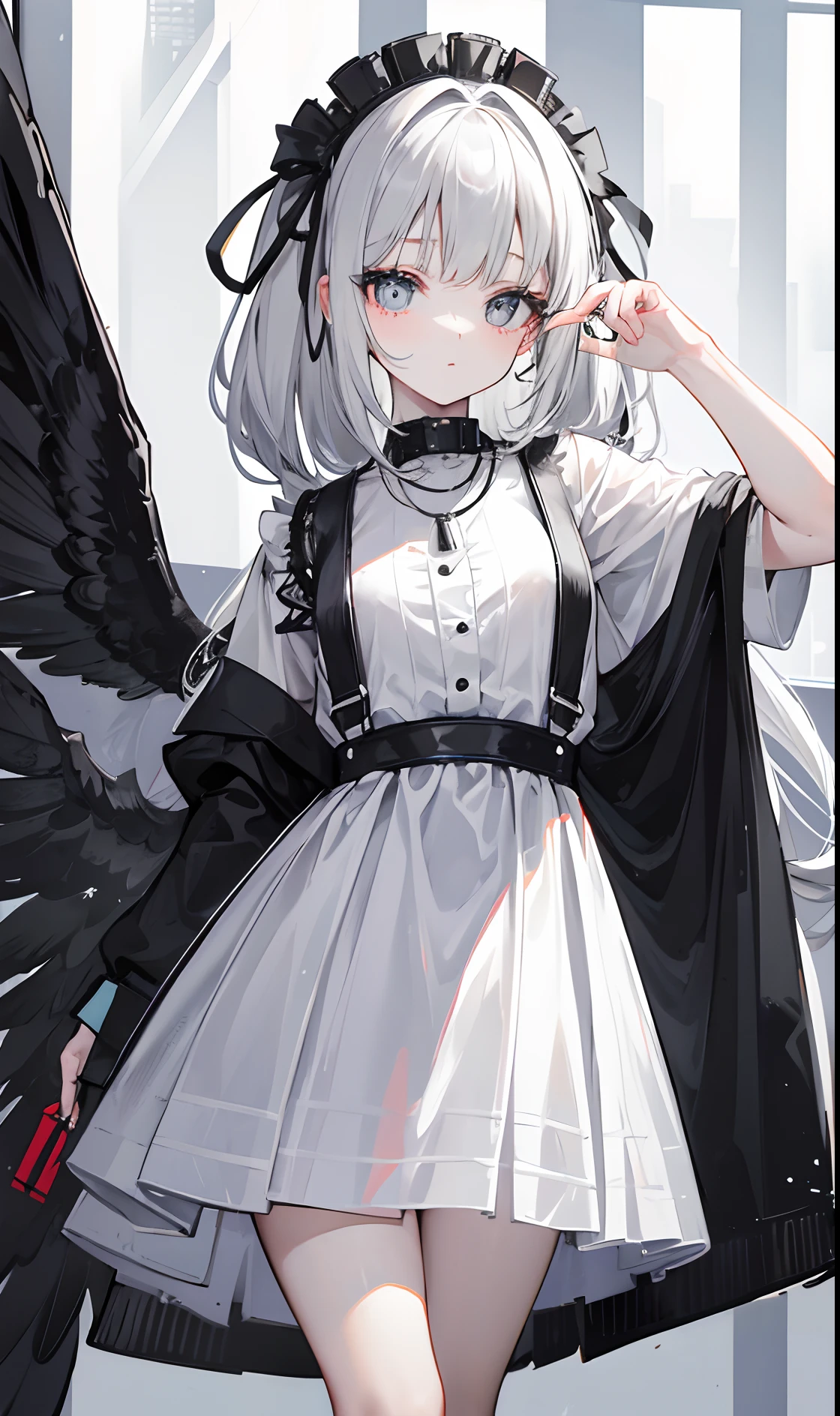 The head is fluorescent gray，Fluorescent gray-black pupils，Wear black and white suspenders，Sing and dance rap basketball，Chicken friends，Silver necklace，Super big beauty，The charm and decline of the city，Is a cute girl，Sweet loli girl，Overall shine，Has multiple gray soul rings，It's a beautiful sister，black, white and gray color scheme，Known as Brother Chicken