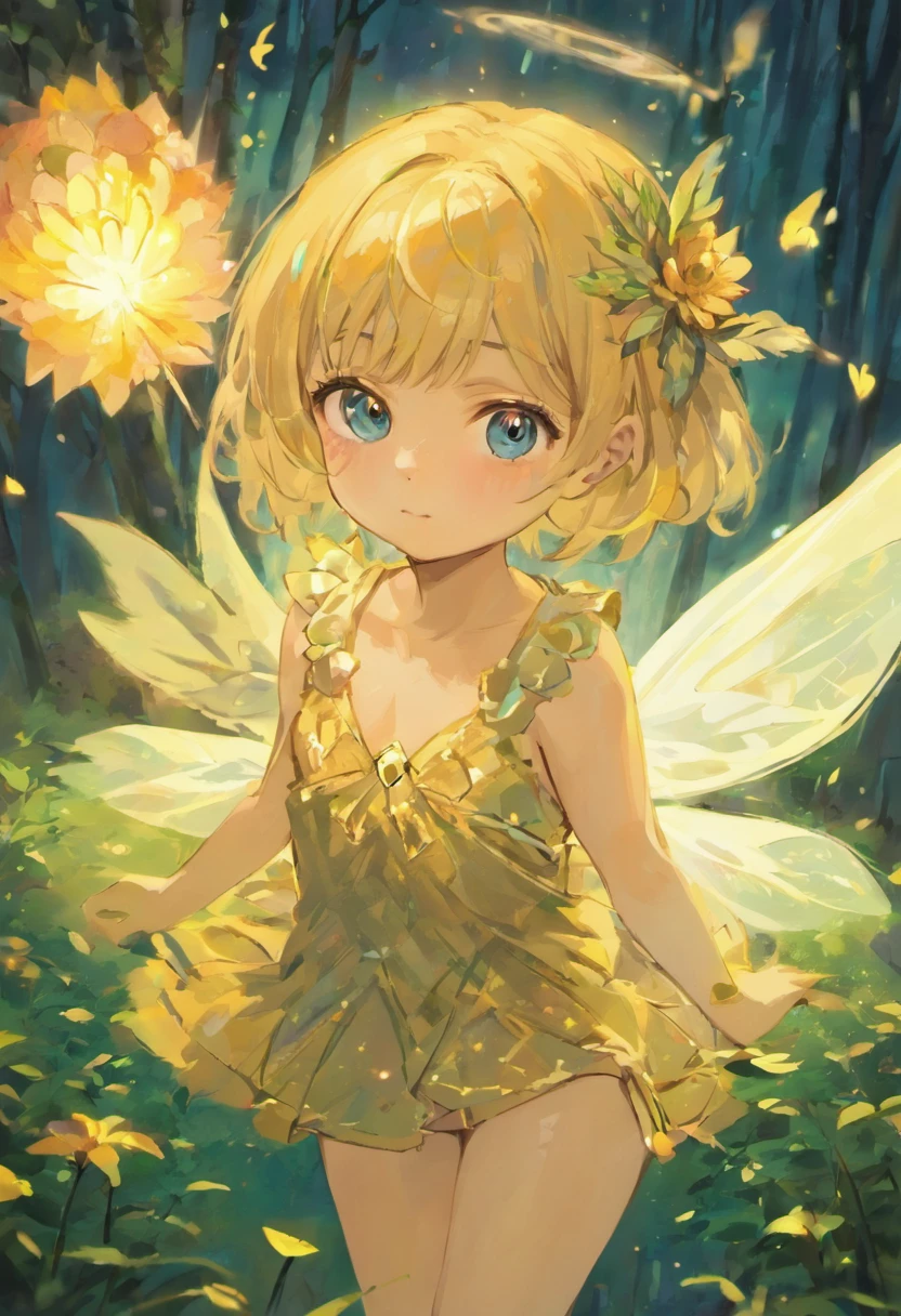 the woods,Night Moon,Mini cute 3 year old flower fairy, Chubby toot,Skirt made of petals,Huge flowers,Colorful colorful,Transparent and colorful wings, magic wands,closeup cleavage,Optical attenuation,glow effect,depth of fields,highlight,Real Light,Ray traching,OC rendering,Hyper-realistic,best qualtiy,8K,Works of masters,super-fine,Detailed pubic hair,Correct anatomy,sharp focus on eyes,Bokeh,Facial features are carefully drawn,in style of hayao miyazaki,Miyazaki Animation Style