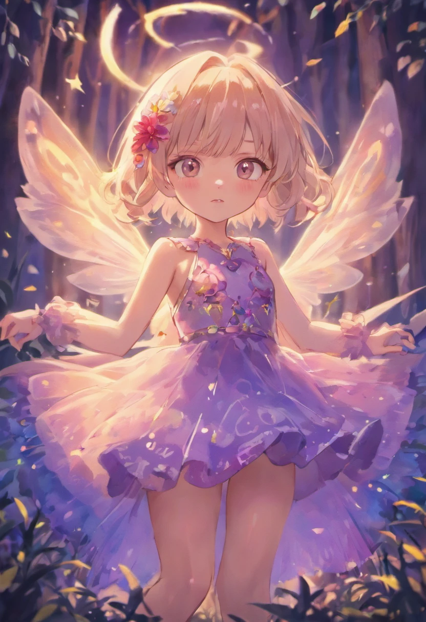 illustration，Fine lines，The lines are accurate，ln the forest，night moon，Mini cute 3  flower fairy, Chubby toot，Skirt made of petals，Huge flowers，Colorful colorful，Transparent colorful wings, Magic wand，closeup cleavage，Light attenuation，Glow effects，depth of fields，high light，Real light，Ray traching，oc rendered，Hyper-realistic，best qualtiy，8K，Works of masters，super-fine，Detailed pubic hair，Correct anatomy，sharp focus on eyes，Bokeh，Facial features are carefully depicted，in style of hayao miyazaki，Miyazaki animation style
