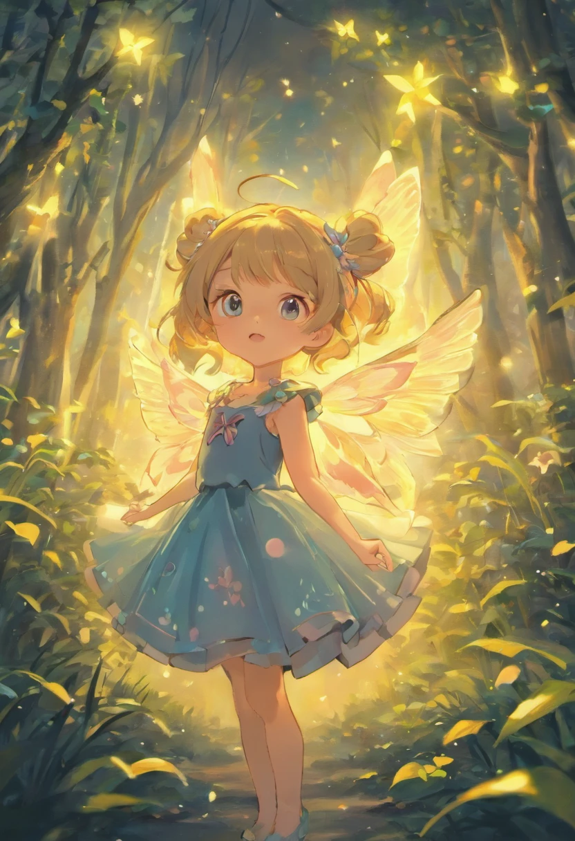 the woods，Night Moon，Mini cute 3 year old flower fairy, Chubby toot，Skirt made of petals，Huge flowers，Colorful colorful，Transparent and colorful wings, magic wands，closeup cleavage，Optical attenuation，glow effect，depth of fields，highlight，Real Light，Ray traching，OC rendering，Hyper-realistic，best qualtiy，8K，Works of masters，super-fine，Detailed pubic hair，Correct anatomy，sharp focus on eyes，Bokeh，Facial features are carefully drawn，in style of hayao miyazaki，Miyazaki Animation Style