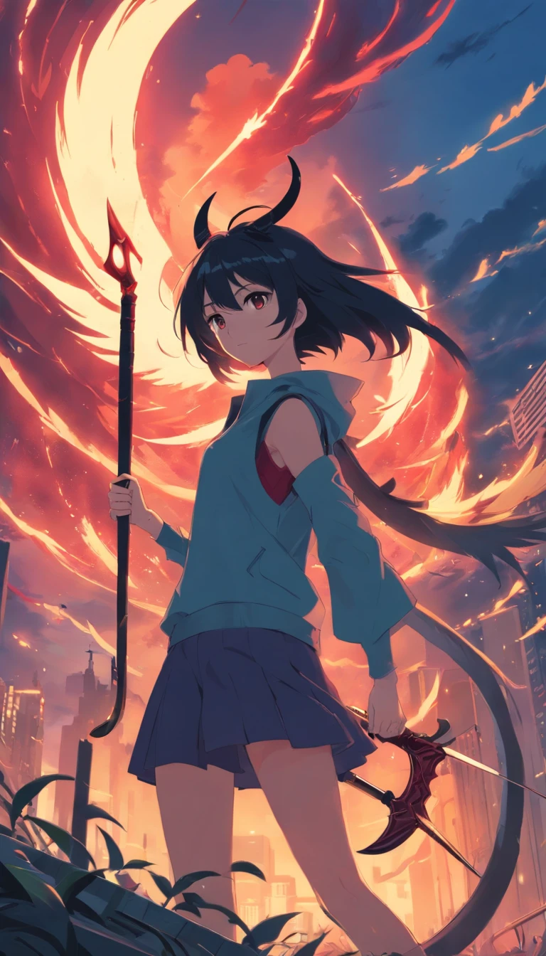 Feathered Devil Has a scythe Black hair and one eye is invisible