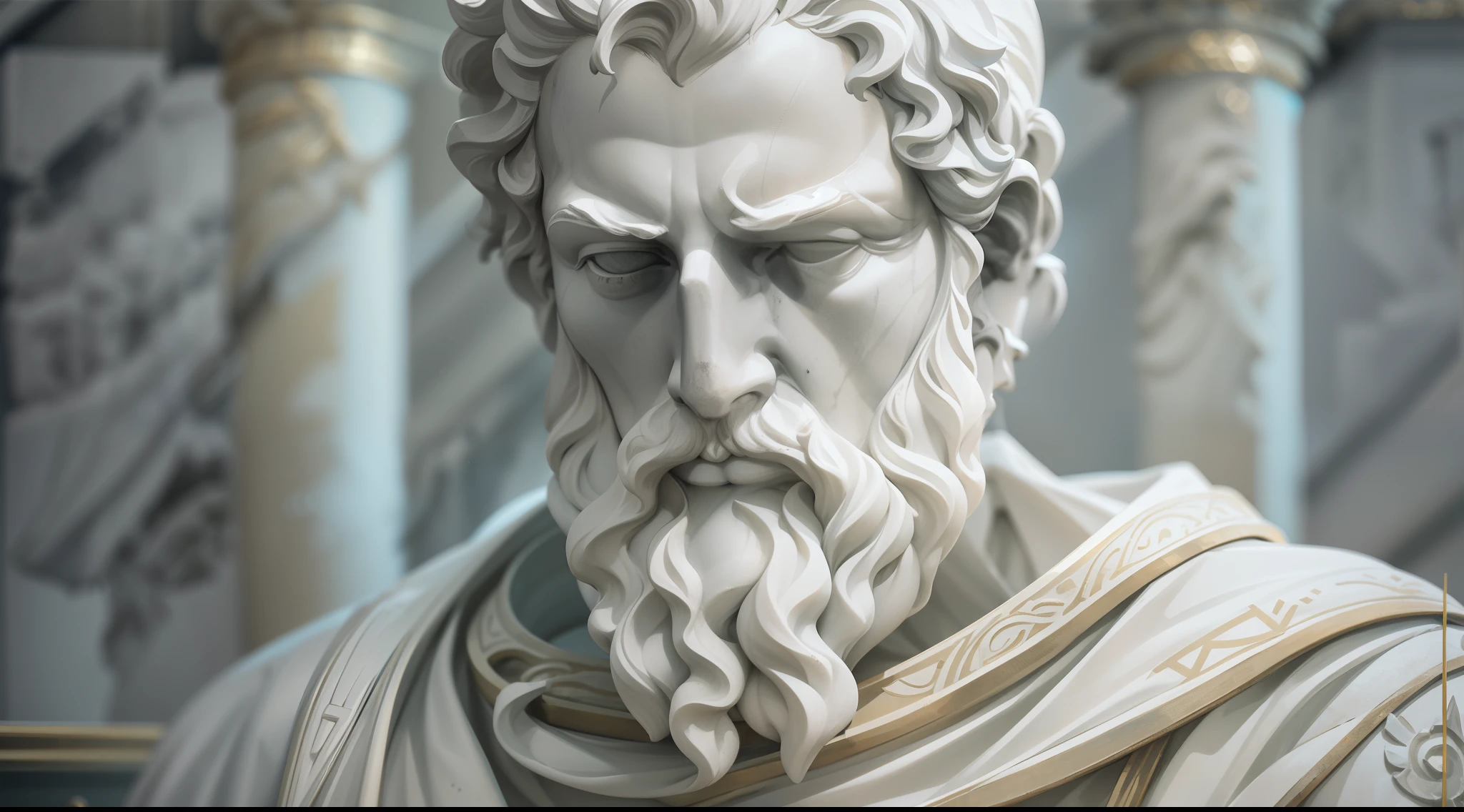 A realistic Greek white marble statue of Zeno of Scythia, em um veleiro no mar violento, tempestade corajoso, assustador, wearing a ghostly toga, fundo neutro, Moody, fotorrealista, super detalhada, Hiper realista, luzes brilhantes, 8k