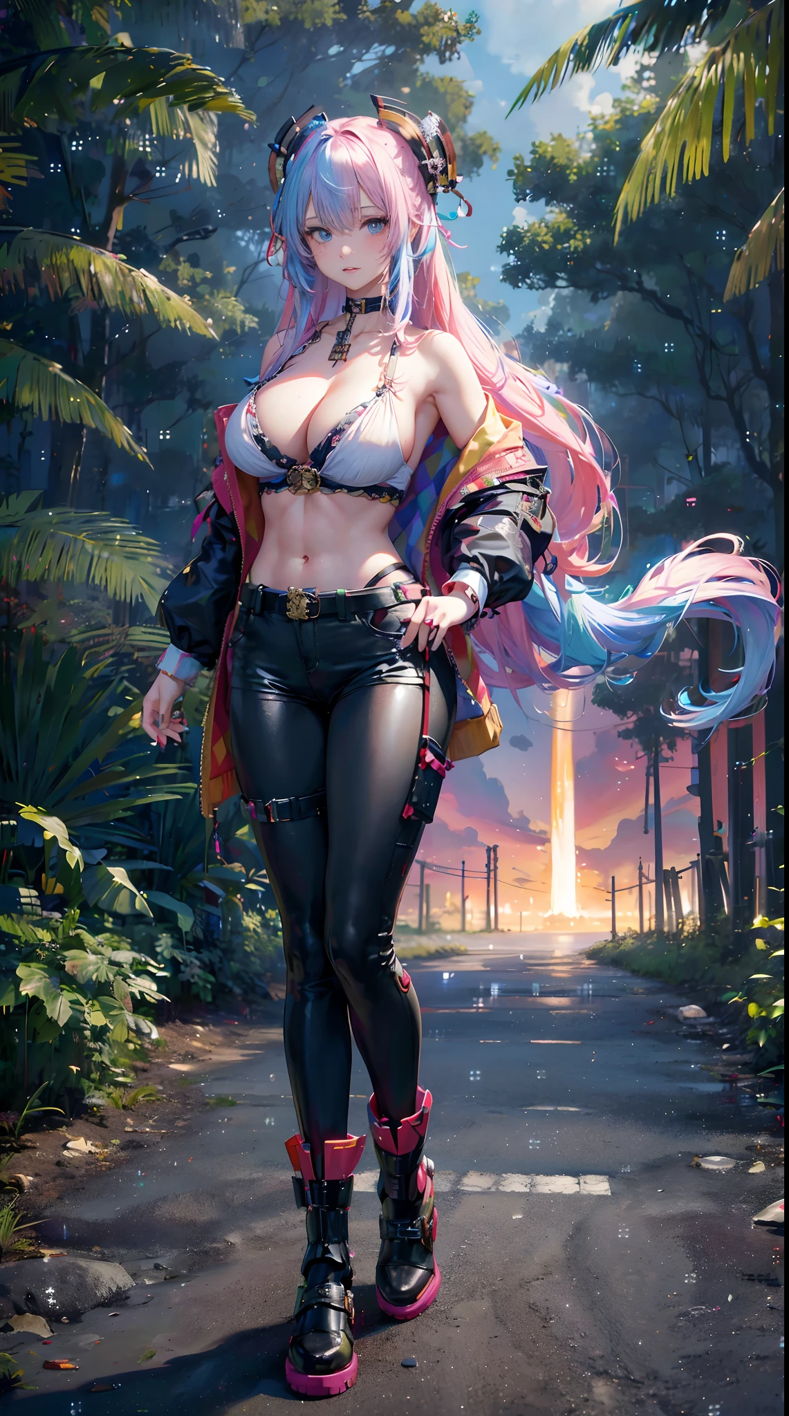 English woman,1girll,Lovely and beautiful Fas,35yo,rainbow colour hair,double tails, Practical pirate clothing, (Cardigan mech set), fantasy,(Pirate ship),((Best quality, 8K, Masterpiece :1.3)), 1girll, Abs beauty:1.3, (mid - length hair, huge tit:1.2), Ultra-fine face, A detailed eye, 二重まぶた,Rainbow hair,eBlue eyes (fully body photo), Solo, 1 girl,standing on your feet,Fluorescent beach at night,Firefly Forest,fine art photography,(Movie Angle: 1.2),(offcial art, )