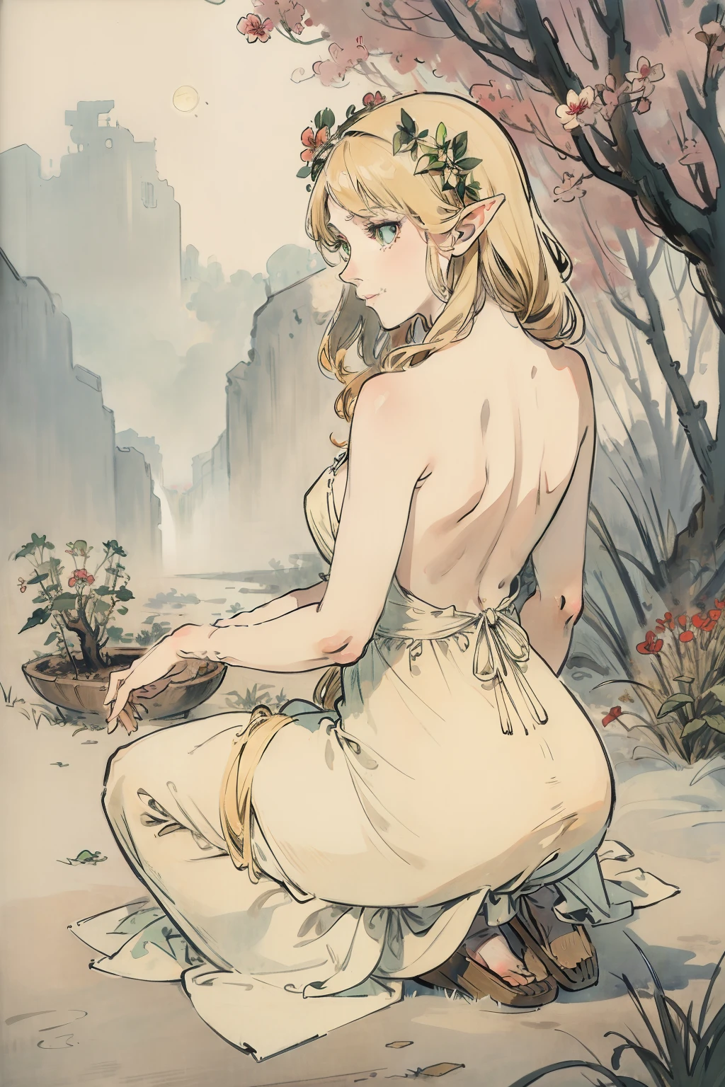 A beautiful blond female anime hero elf in leather clothes, big breasts, showing cleavage, (style of Alphonse Mucha:1.4)