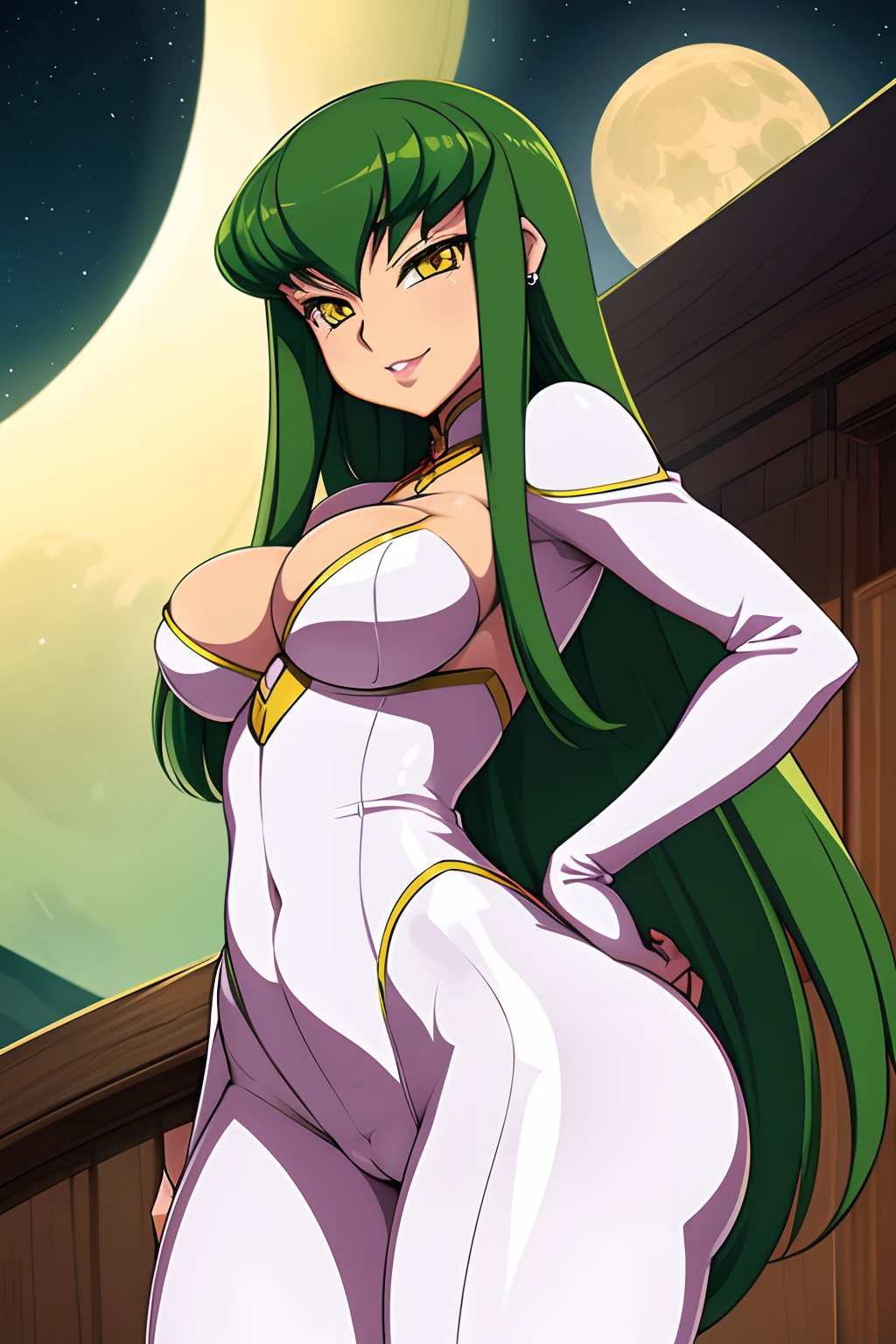 Code Geass, C.C, 1girl, (((bimbo))), long green hair, yellow eyes, ear rings, puffy lips, painted lips, thick lips, wide hips, thick thighs, small round breast, huge ass, revealing cleavage, erotic, Smile face, bubble butt, camel toe, Breasts, white suit, hand signs, posing, night time, moon